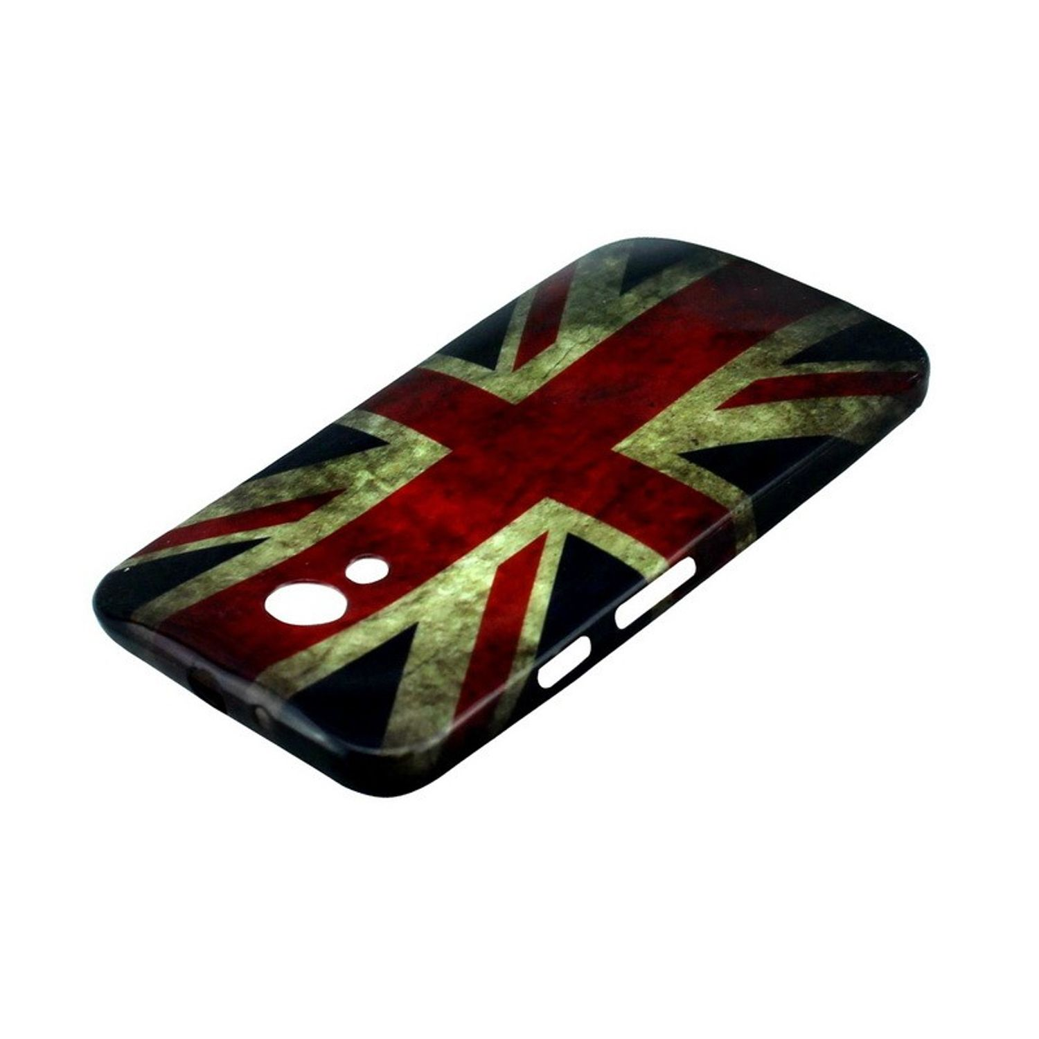 Handyhülle: UK-Flaggen-Design. Rotes Kreuz und weiße Streifen auf dunklem Hintergrund.