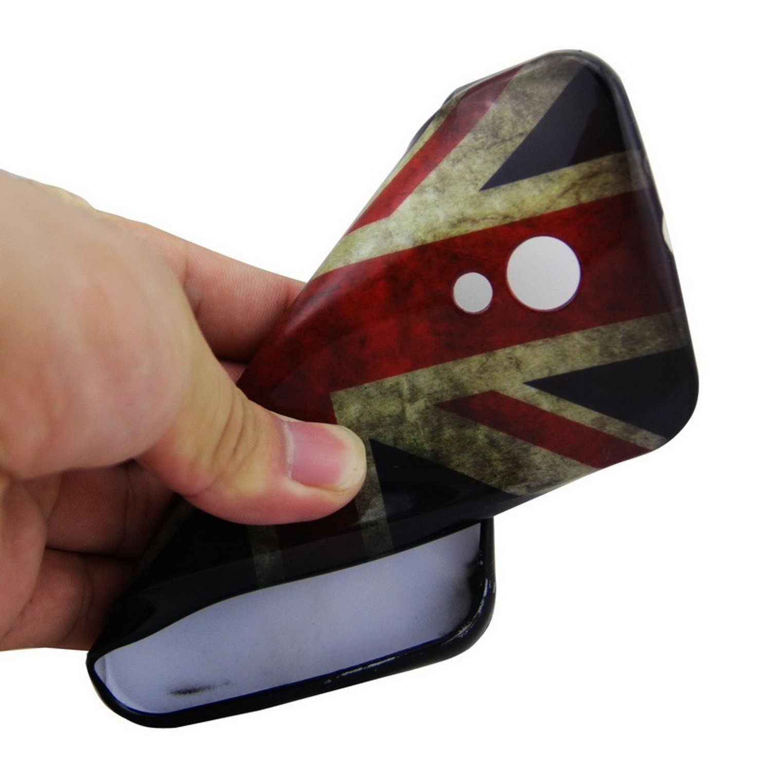 Handyhülle mit Union Jack Flaggen-Design, von Hand gehalten. Schwarzer Innenraum.