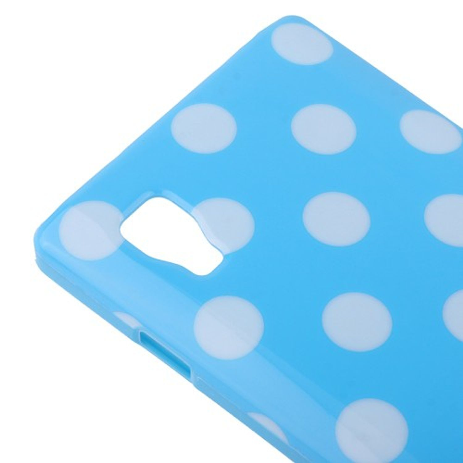 Blaue Handyhülle mit weißen Tupfen.  Die Hülle ist aus einem Winkel gezeigt.  Weißer Hintergrund.