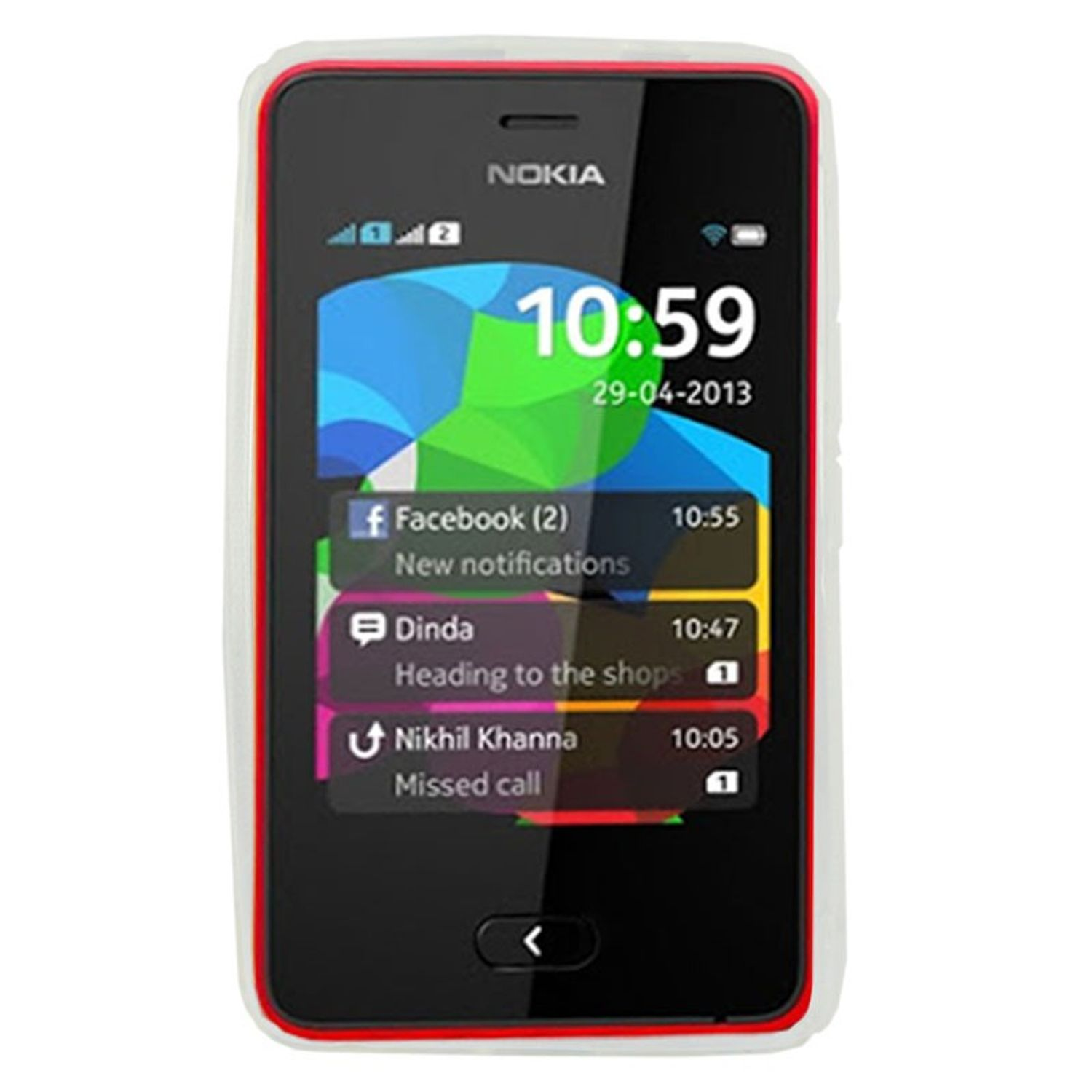 Nokia-Telefon mit weißem Gehäuse mit rotem Rand. Anzeige von Uhrzeit, Benachrichtigungen und verpassten Anrufen.
