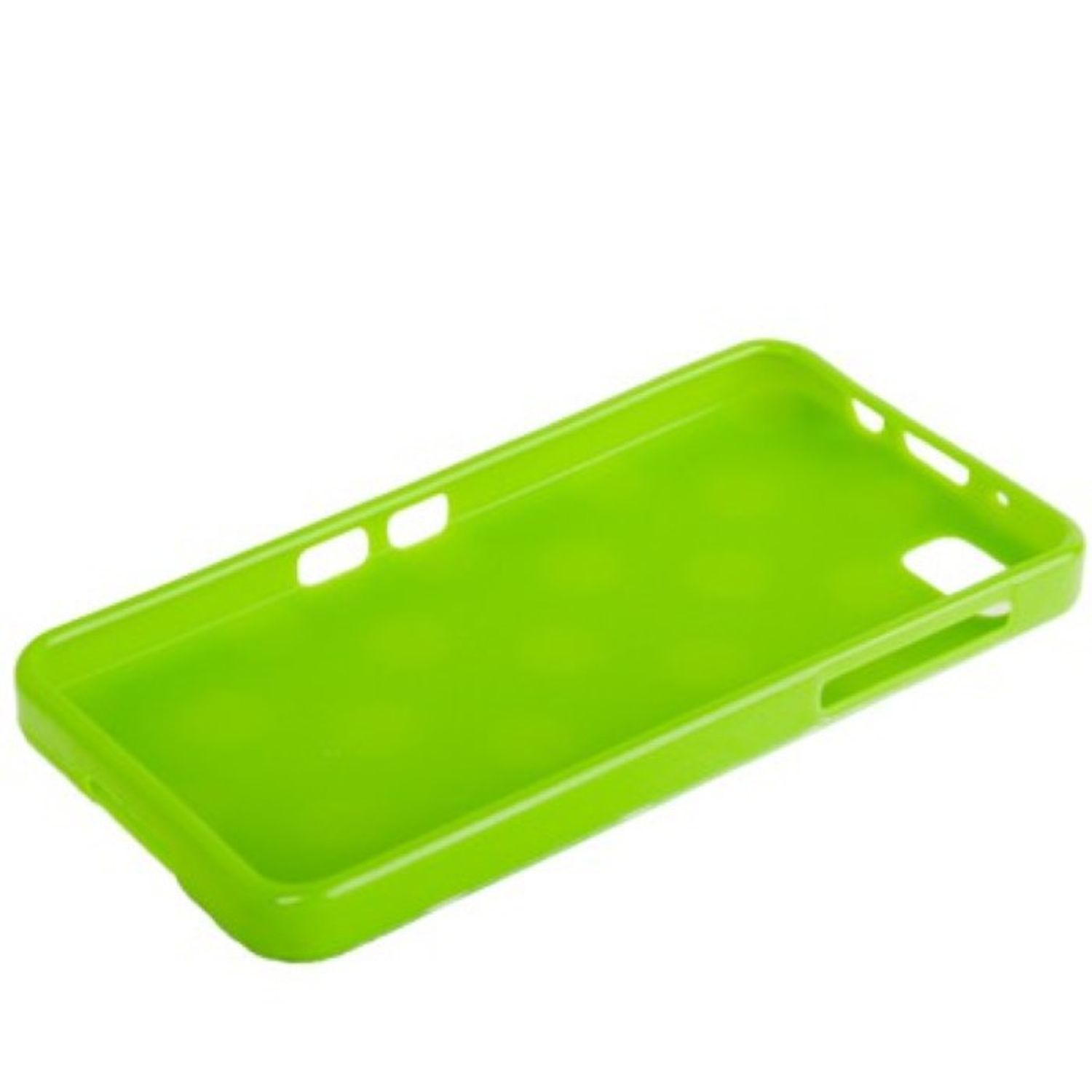 Grüne Handyhülle, leer, mit Kamera- und Knopfausschnitten, auf Weiß.