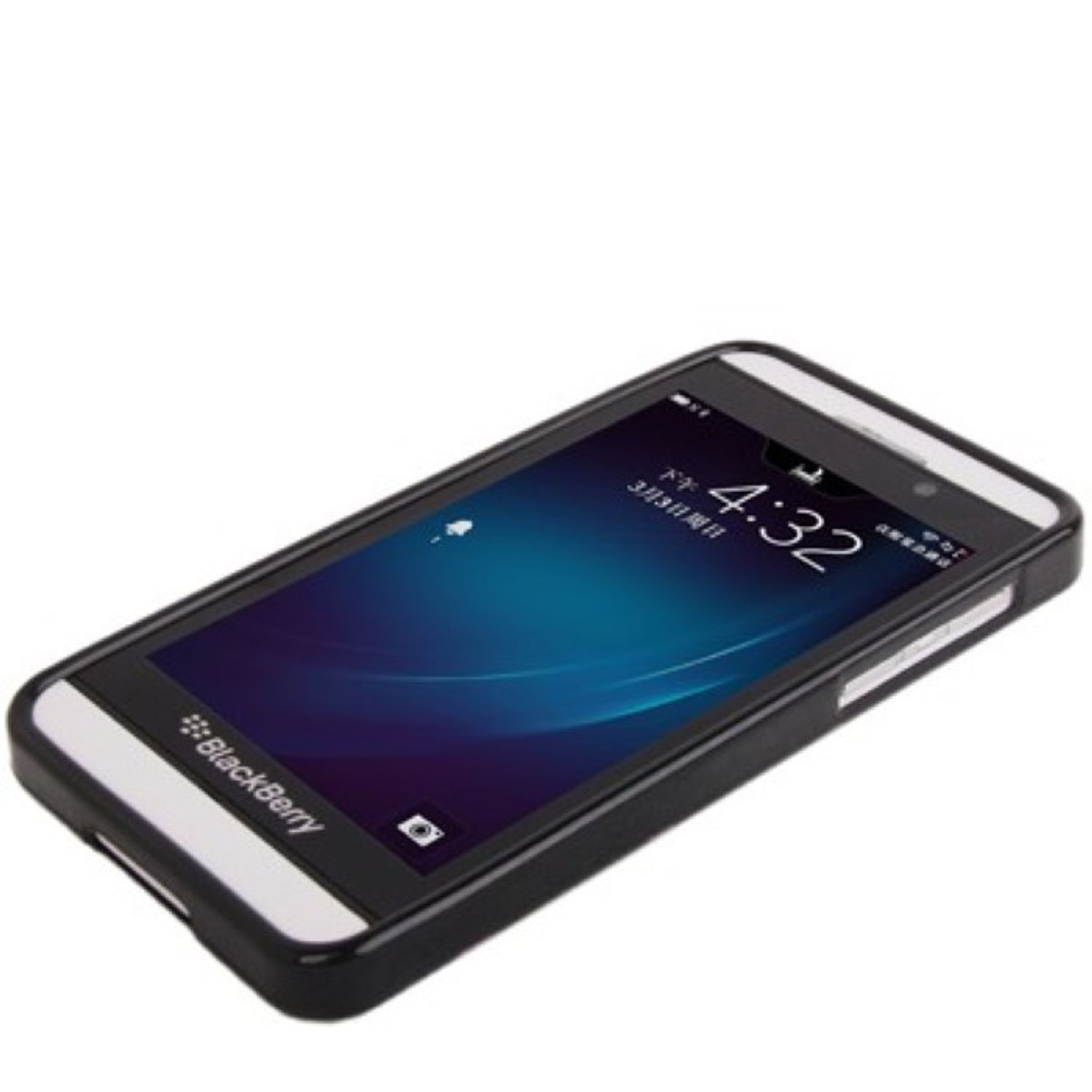 BlackBerry-Telefon in schwarzem Gehäuse. Der Bildschirm zeigt Zeit und einen blauen Hintergrund.