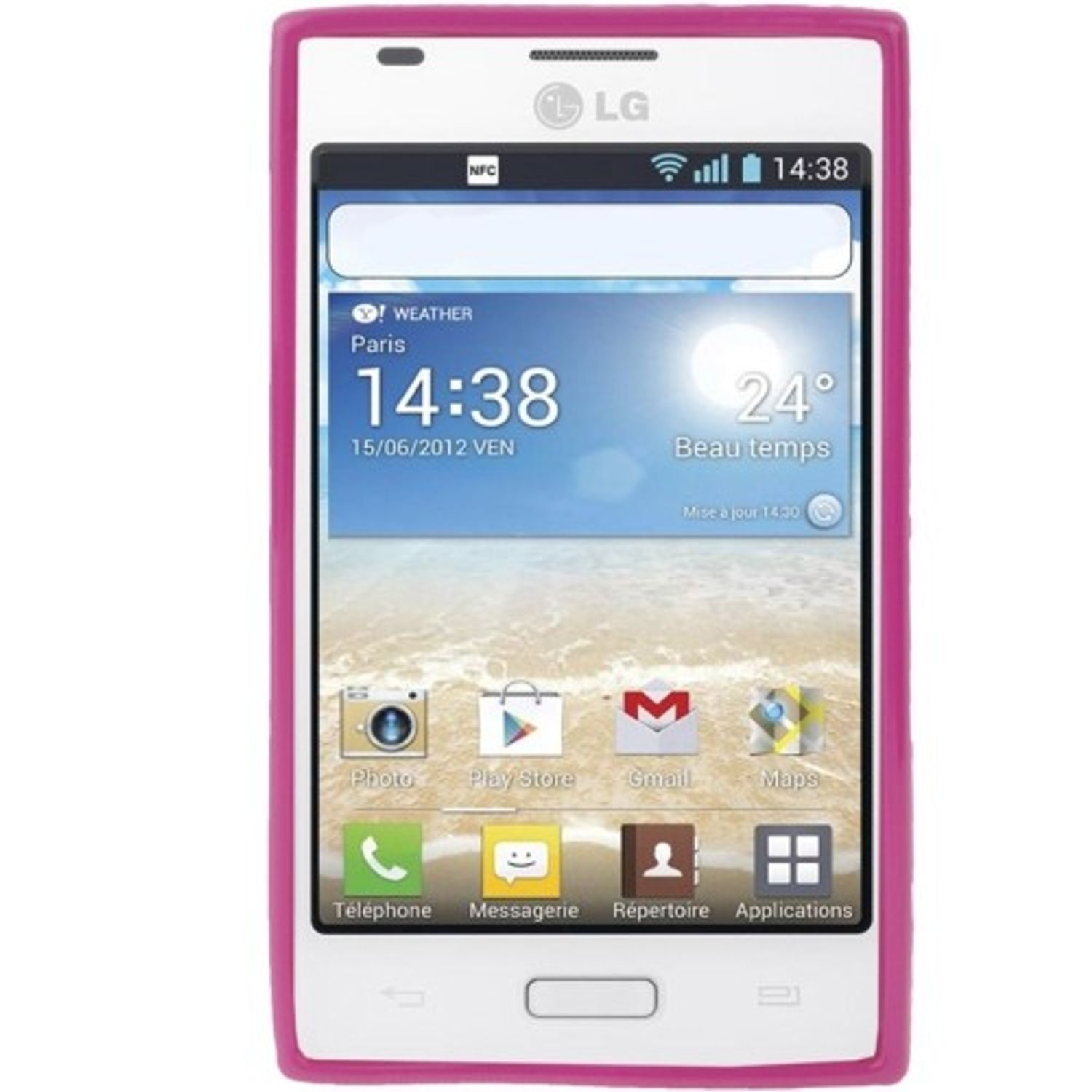 Weißes und pinkfarbenes Smartphone mit Wetter-App und anderen Symbolen.