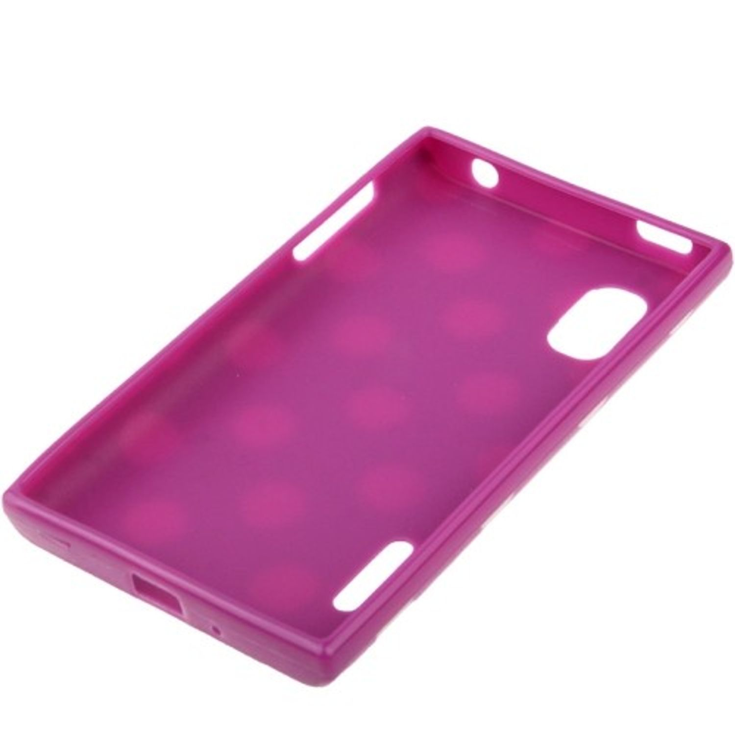 Eine pinkfarbene Handyhülle mit Löchern und glatter Oberfläche.