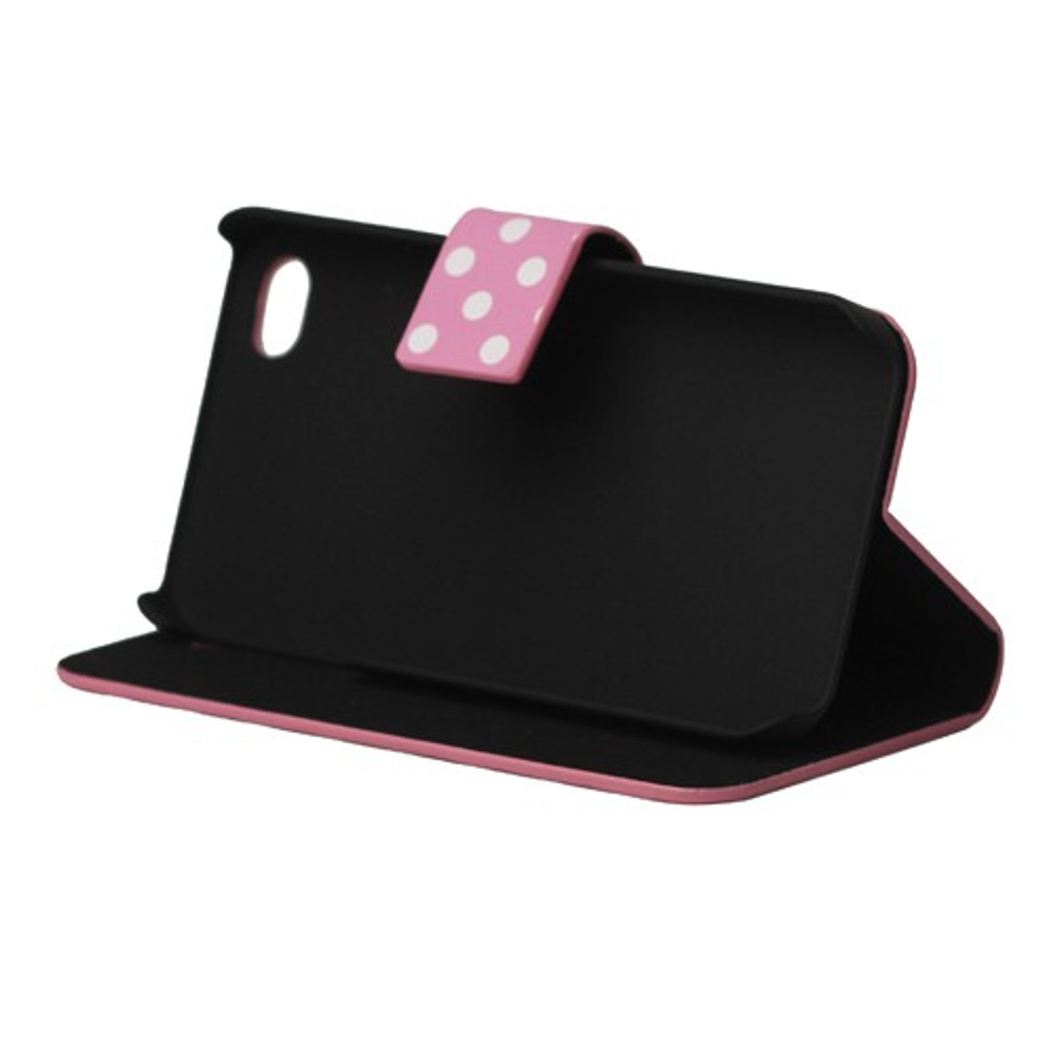 Schwarze Handyhülle mit pinkem Polka-Dot-Klappe. Pinke Umrandung.