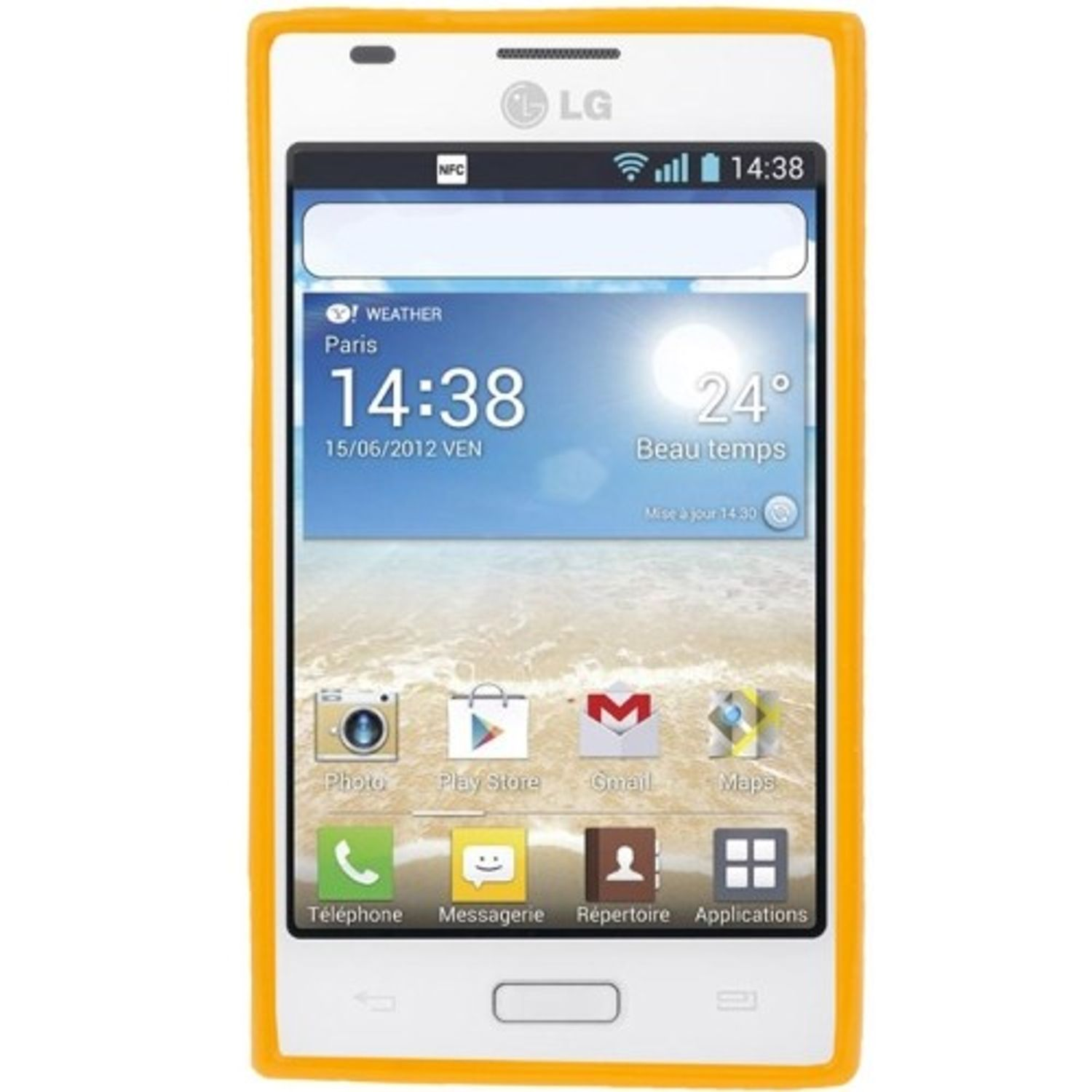 Weißes Smartphone mit orangefarbenem Gehäuse, das Wetterinformationen und Apps anzeigt.