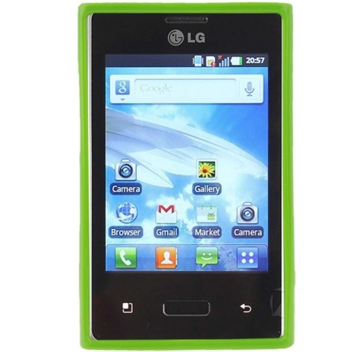 LG-Telefon mit grünem Gehäuse, zeigt den Bildschirm mit Apps.
