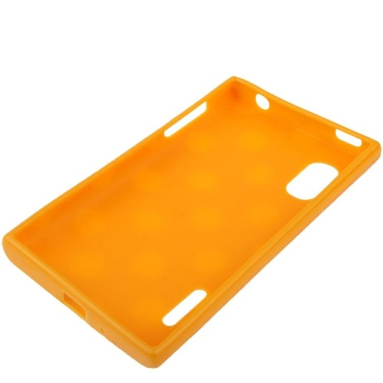 Eine orangefarbene Handyhülle. Sie hat eine einfache, einfarbige Farbe mit Aussparungen.