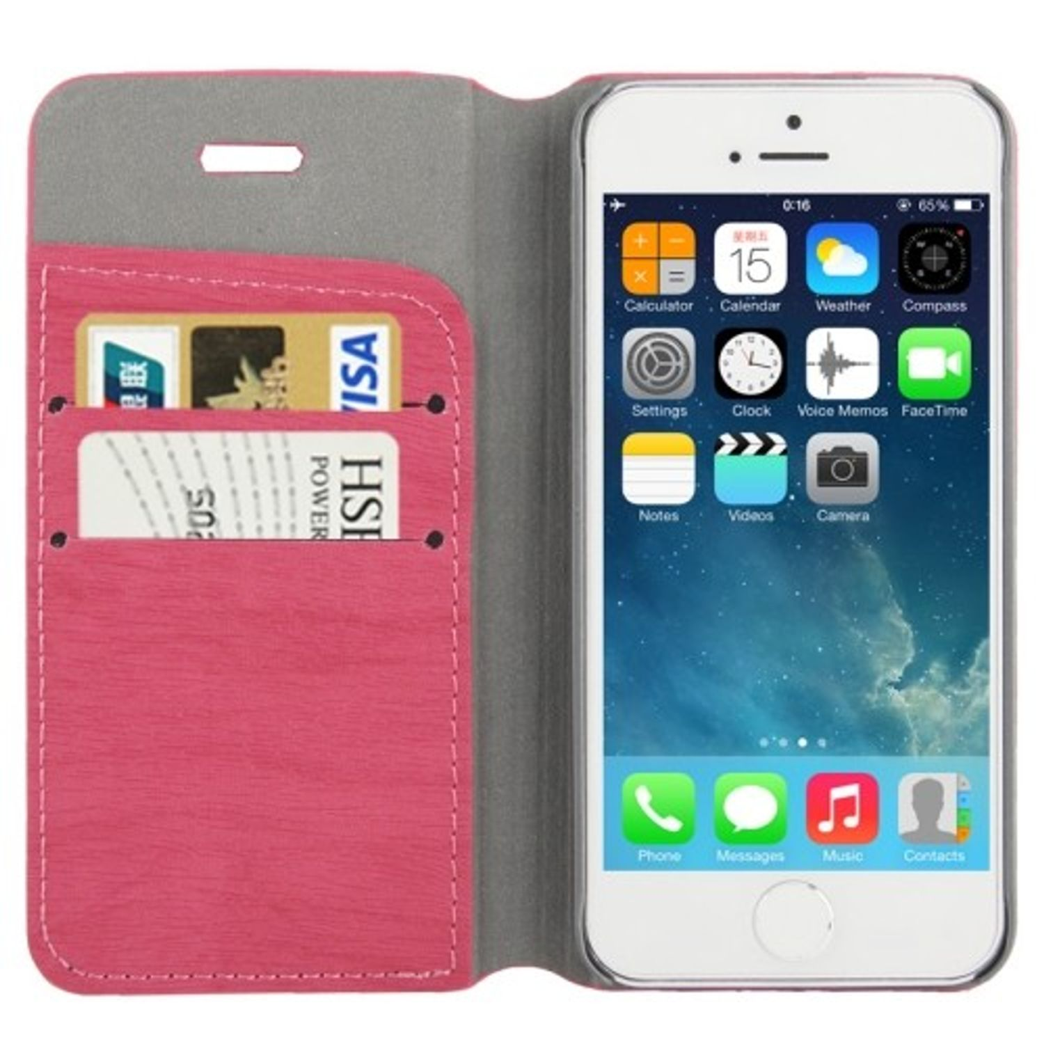 Eine rosa Handyhülle mit einem Telefon darin. Das Telefon zeigt einen Startbildschirm mit App-Symbolen an.