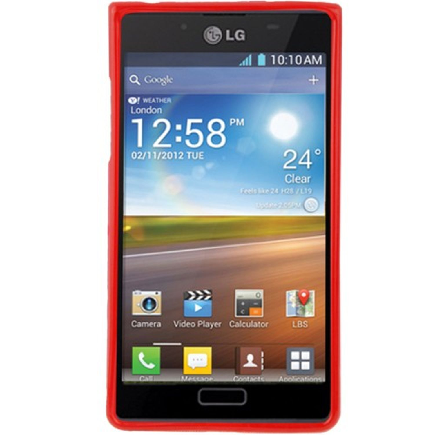 Eine rote Handyhülle auf einem schwarzen LG-Telefon. Das Telefon zeigt Uhrzeit, Wetter und App-Symbole.