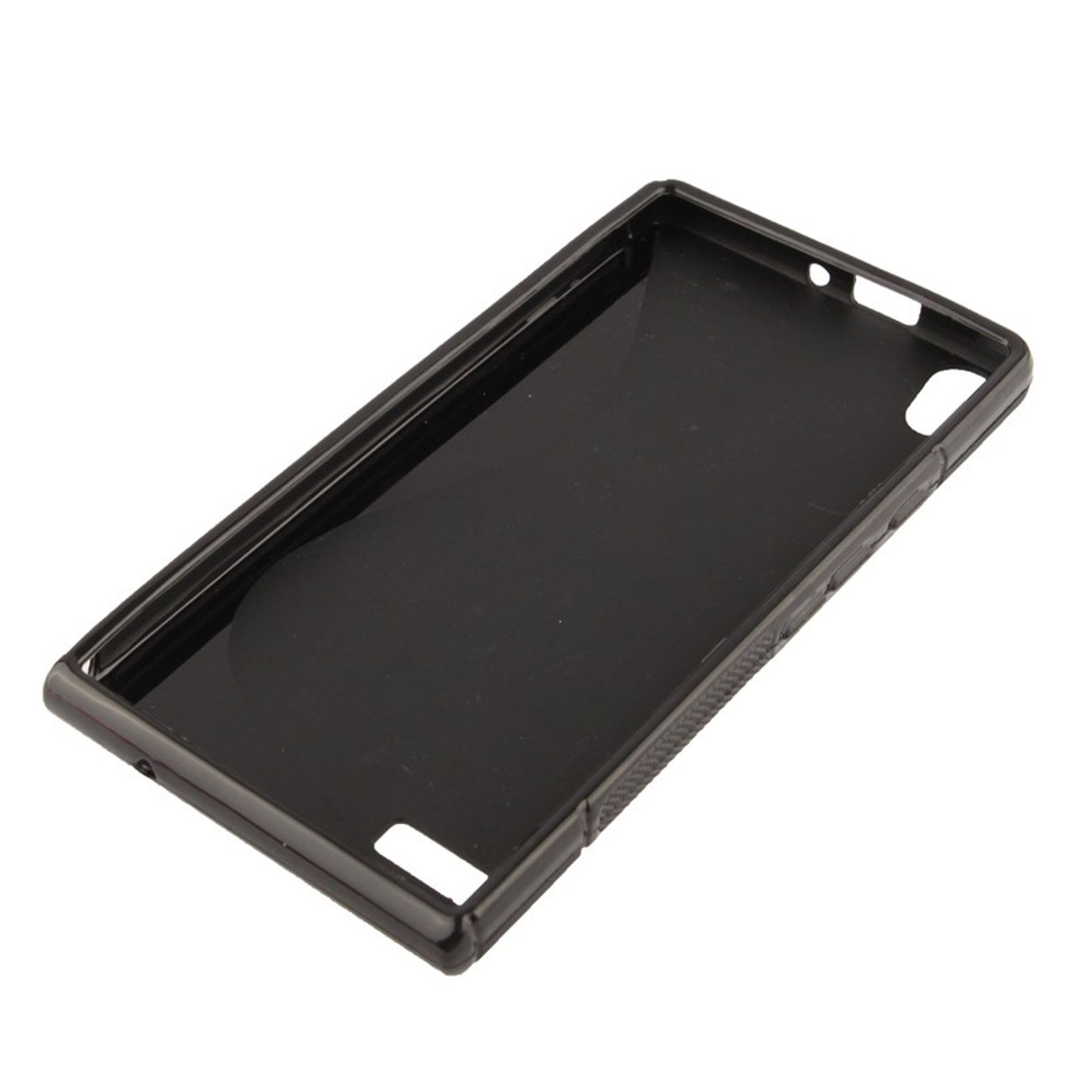 Eine schwarze Handyhülle mit schlichtem, mattem Finish. Die Hülle ist rechteckig mit Aussparungen für Kamera und Knöpfe.