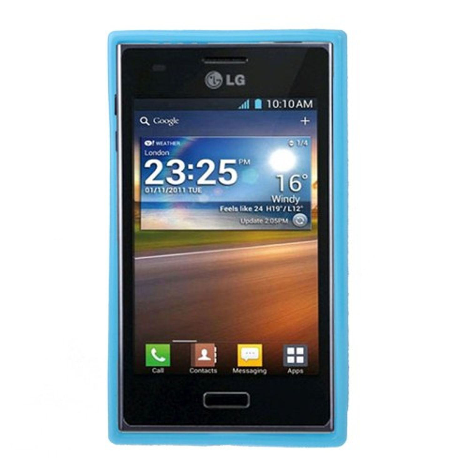 Ein Smartphone in einem hellblauen Gehäuse zeigt eine Uhr und Apps an.