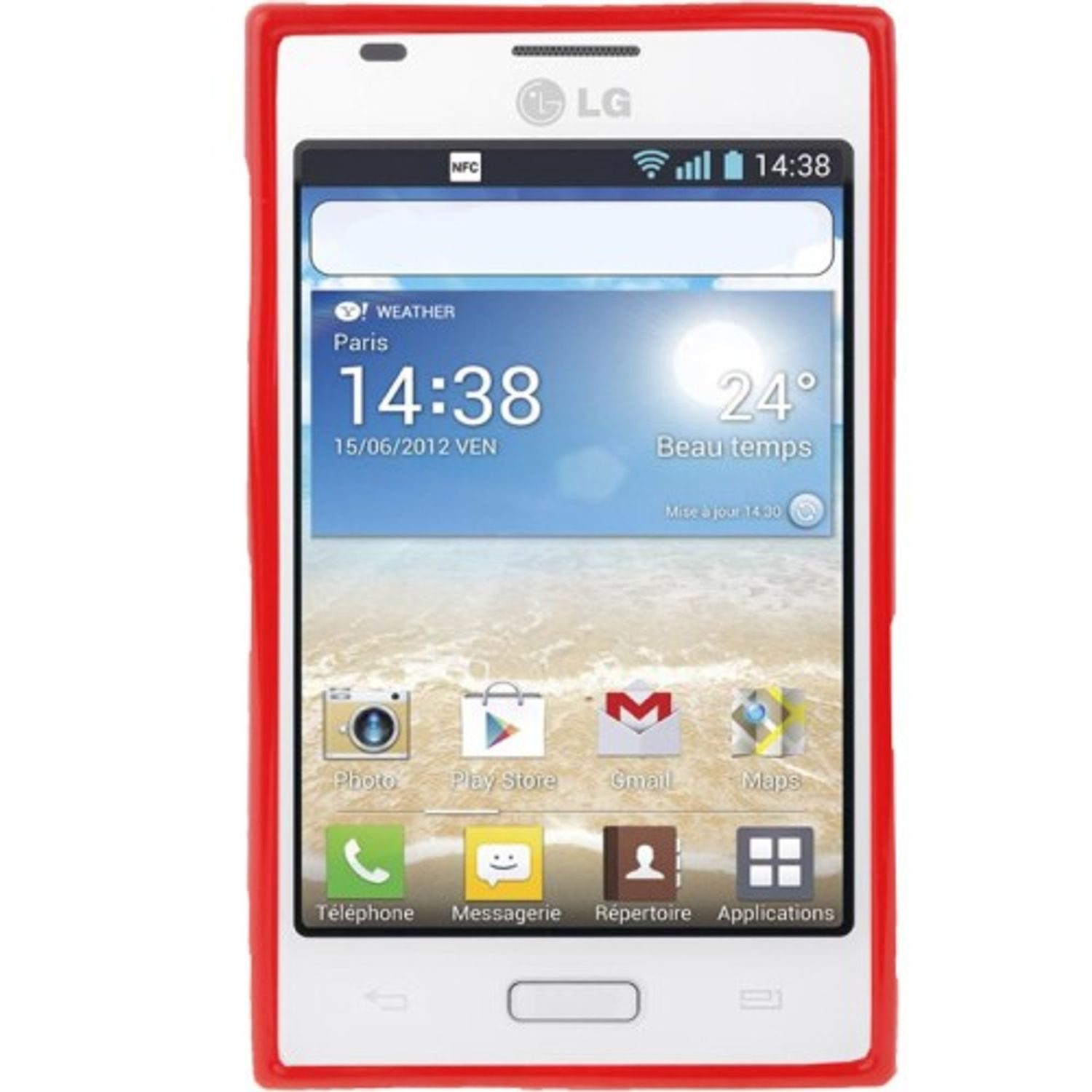 Eine rote Handyhülle mit einem weißen Telefon darin. Das Telefon zeigt die Uhrzeit und eine Wettervorhersage an.