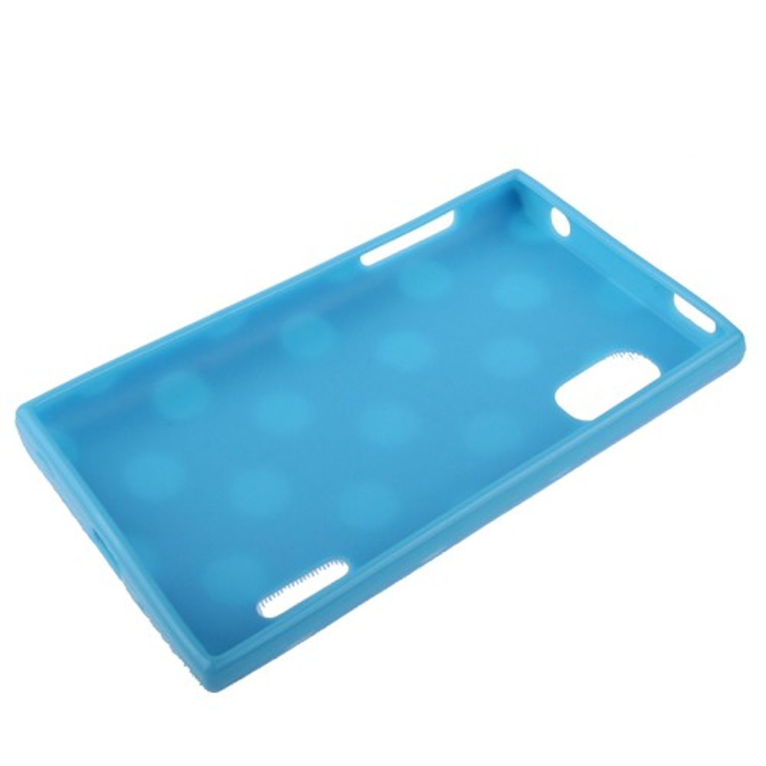 Blaue Handyhülle mit Löchern für Kamera und Anschlüsse. Weißer Hintergrund.