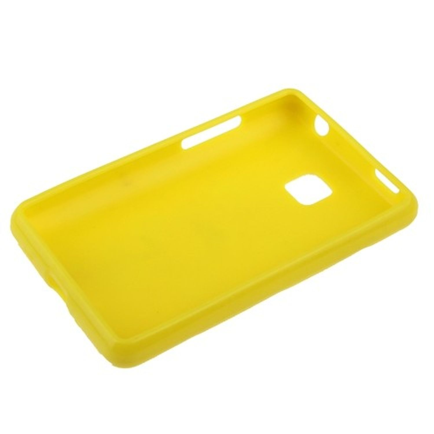 Eine gelbe, leere Handyhülle mit matter Oberfläche. Die Hülle liegt schräg vor weißem Hintergrund.