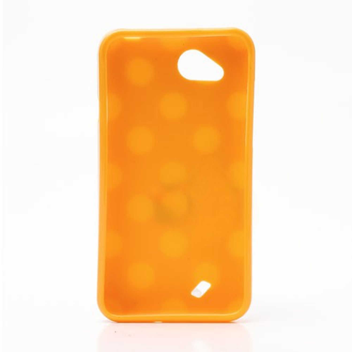 Orangefarbene Handyhülle mit Polka Dots. Die Hülle ist leer und nach oben gerichtet.