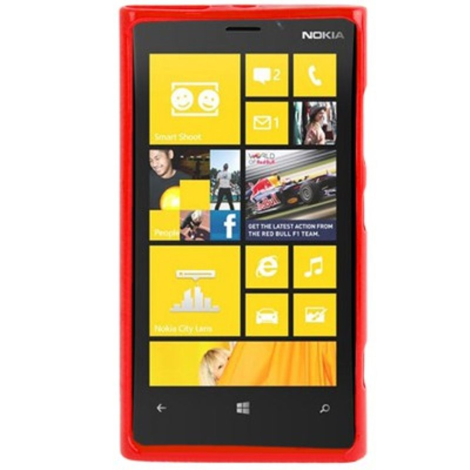 Rotes Telefon mit Touchscreen, der Apps anzeigt. Der Bildschirm zeigt ein Raster von Apps.