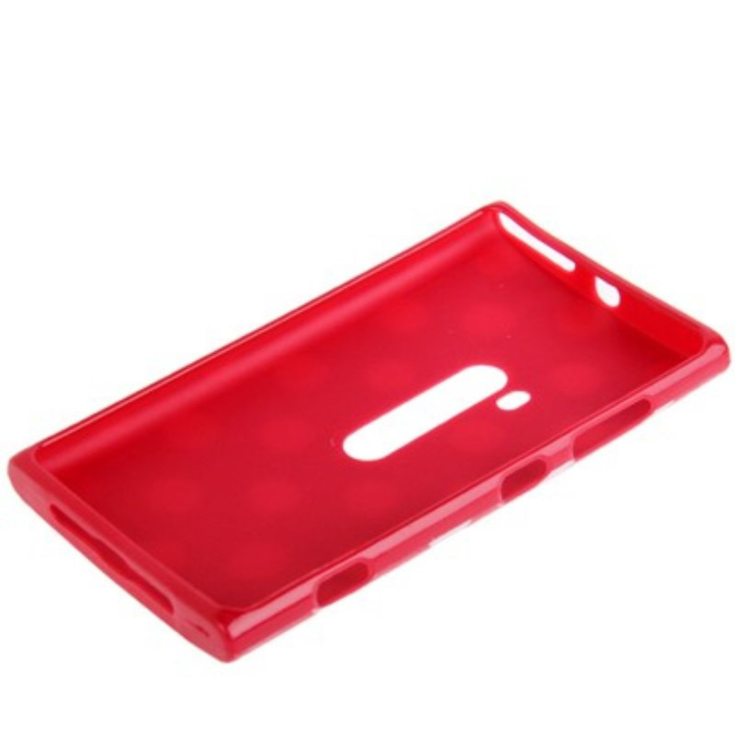 Rote Handyhülle mit Aussparungen. Weißer Hintergrund.
