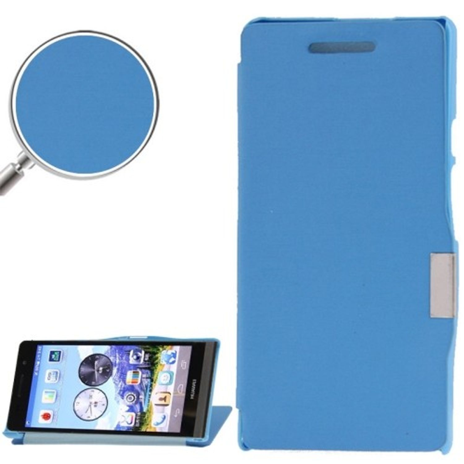 Eine blaue Handyhülle mit einem Telefon darin. Der Telefonbildschirm wird mit einer Uhr angezeigt.