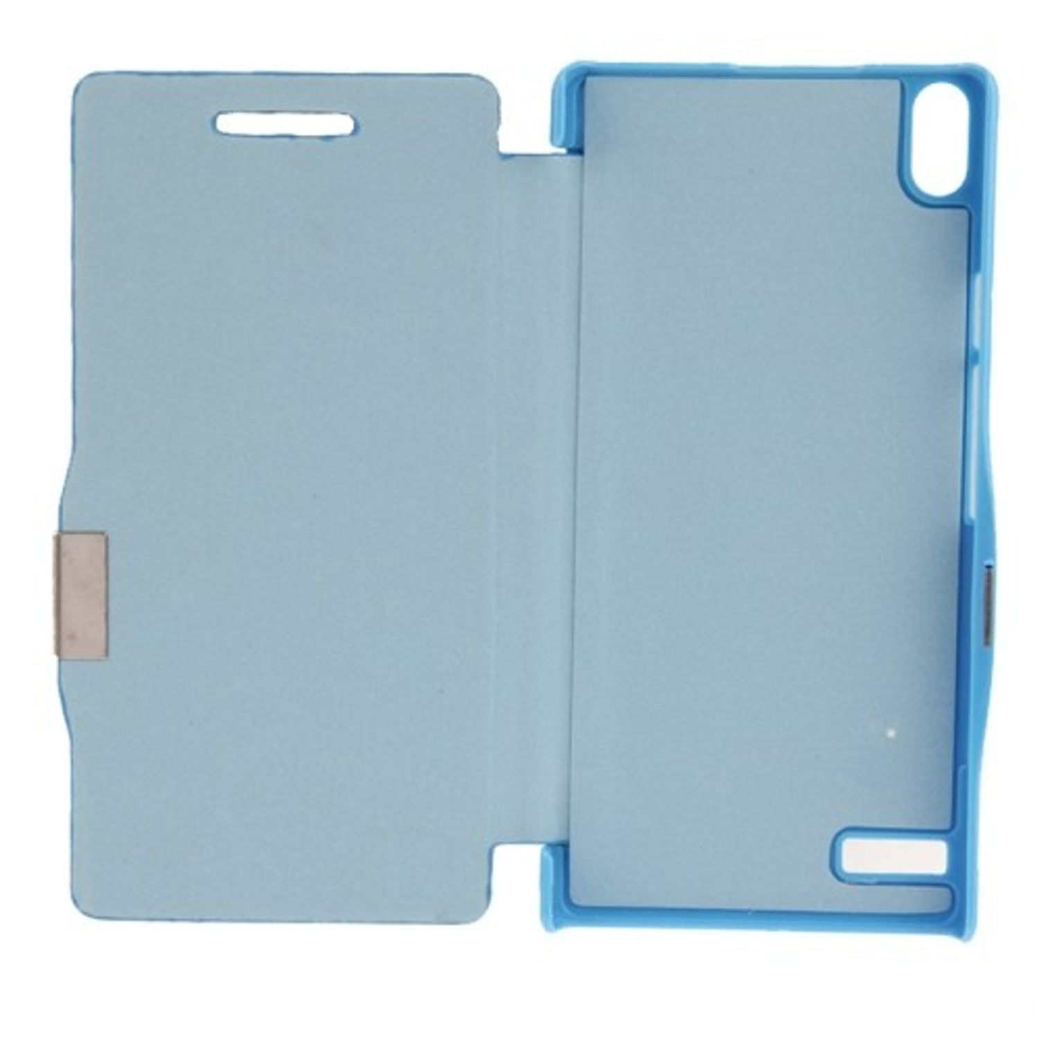 Hellblaue Handyhülle, geöffnet. Blaues Innere und blaues Äußere.