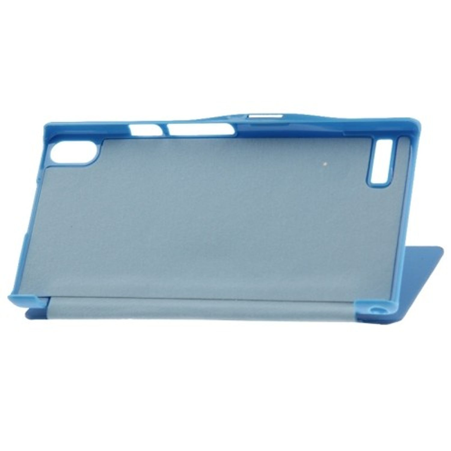 Eine blaue Tablet-Hülle mit eingebautem Ständer ist geöffnet dargestellt.