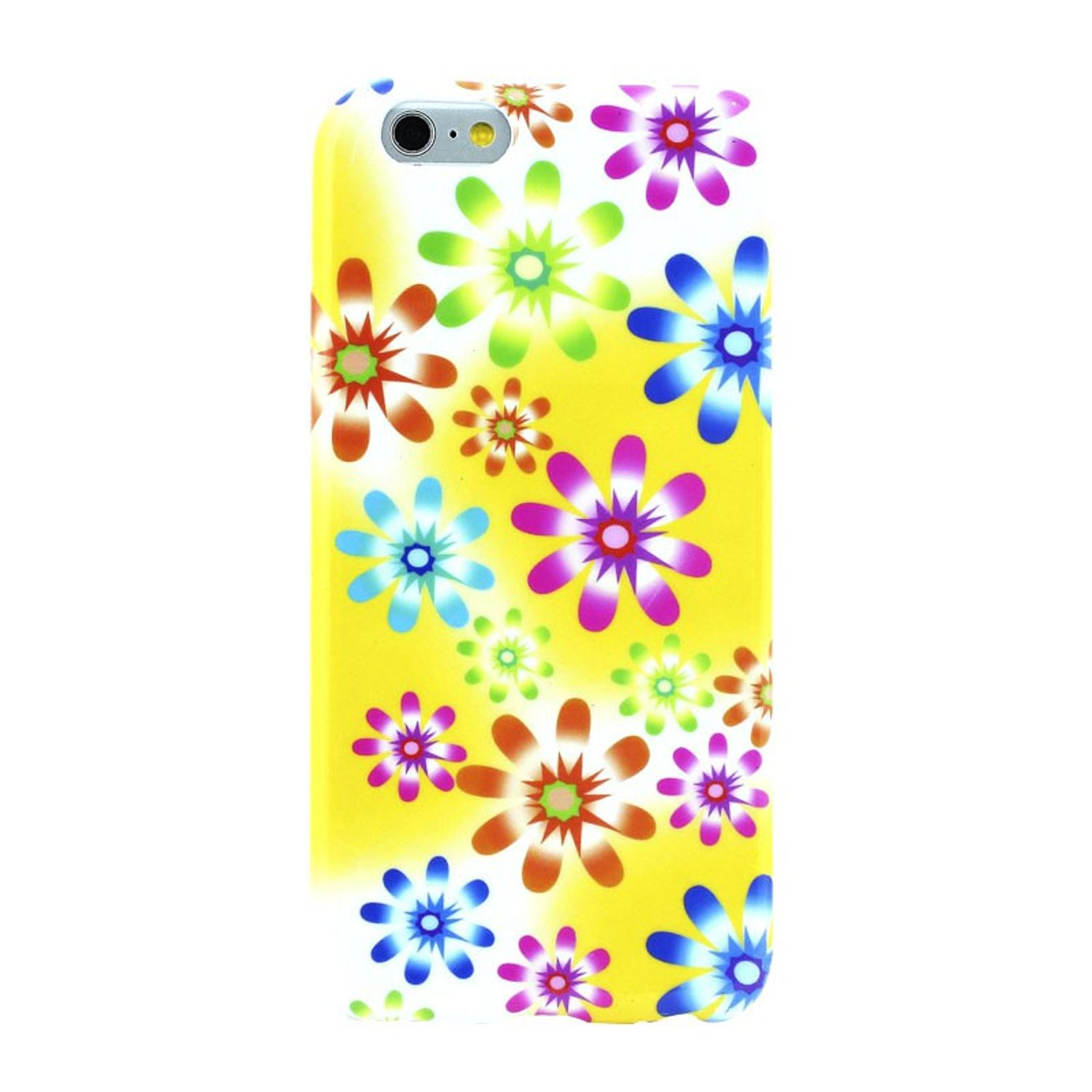 Eine gelbe Handyhülle mit floralem Muster wird vor weißem Hintergrund gezeigt. Die Blumen haben mehrere Farben.