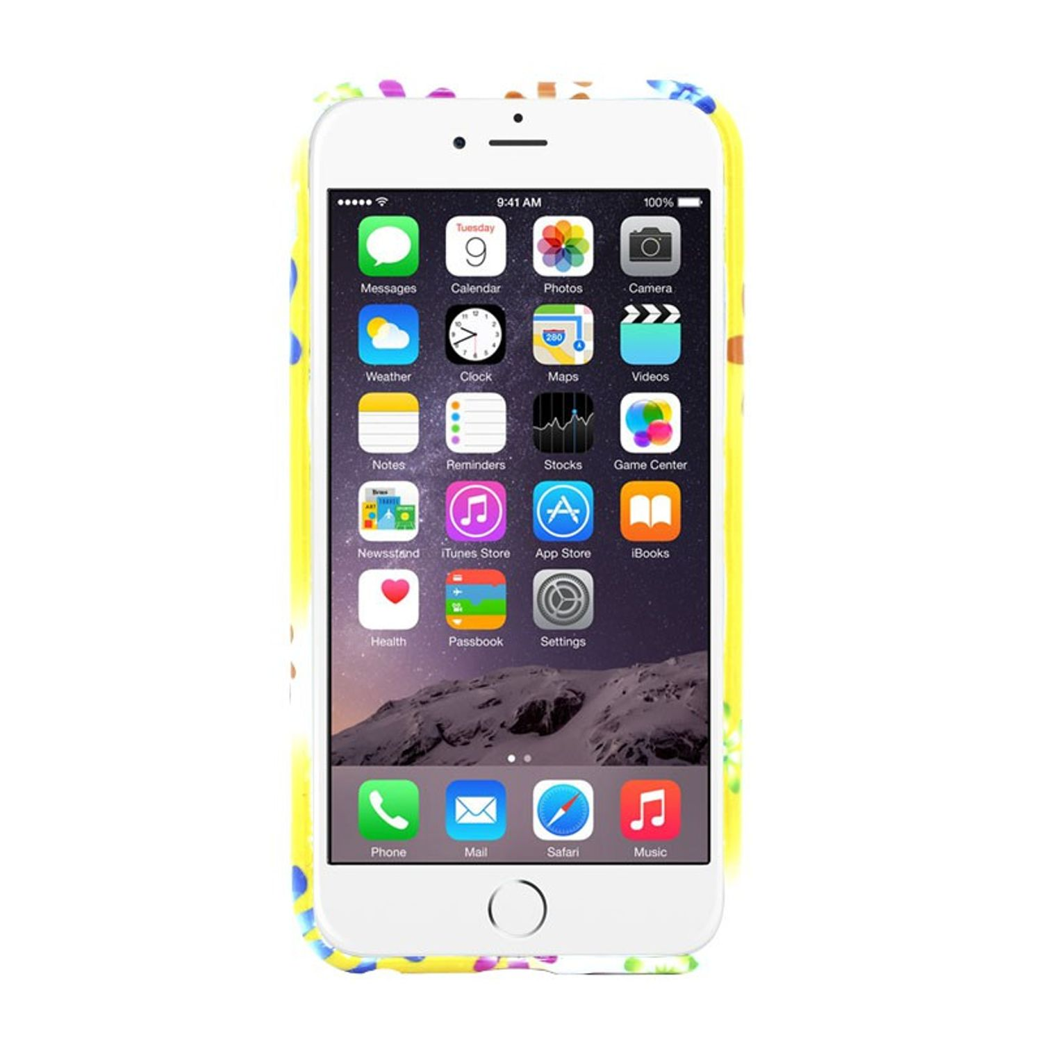 iPhone mit gelber Hülle und App-Symbolen. Weißer Hintergrund.