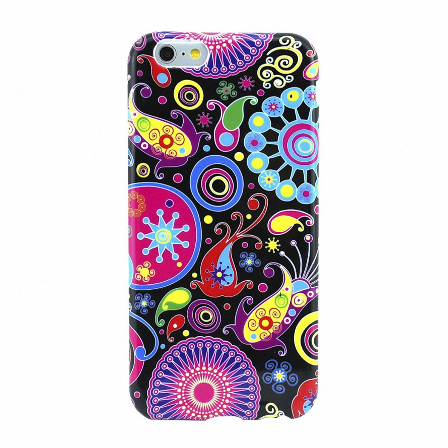 Schwarze Handyhülle mit buntem Blumendesign. Das Design befindet sich auf der Rückseite.