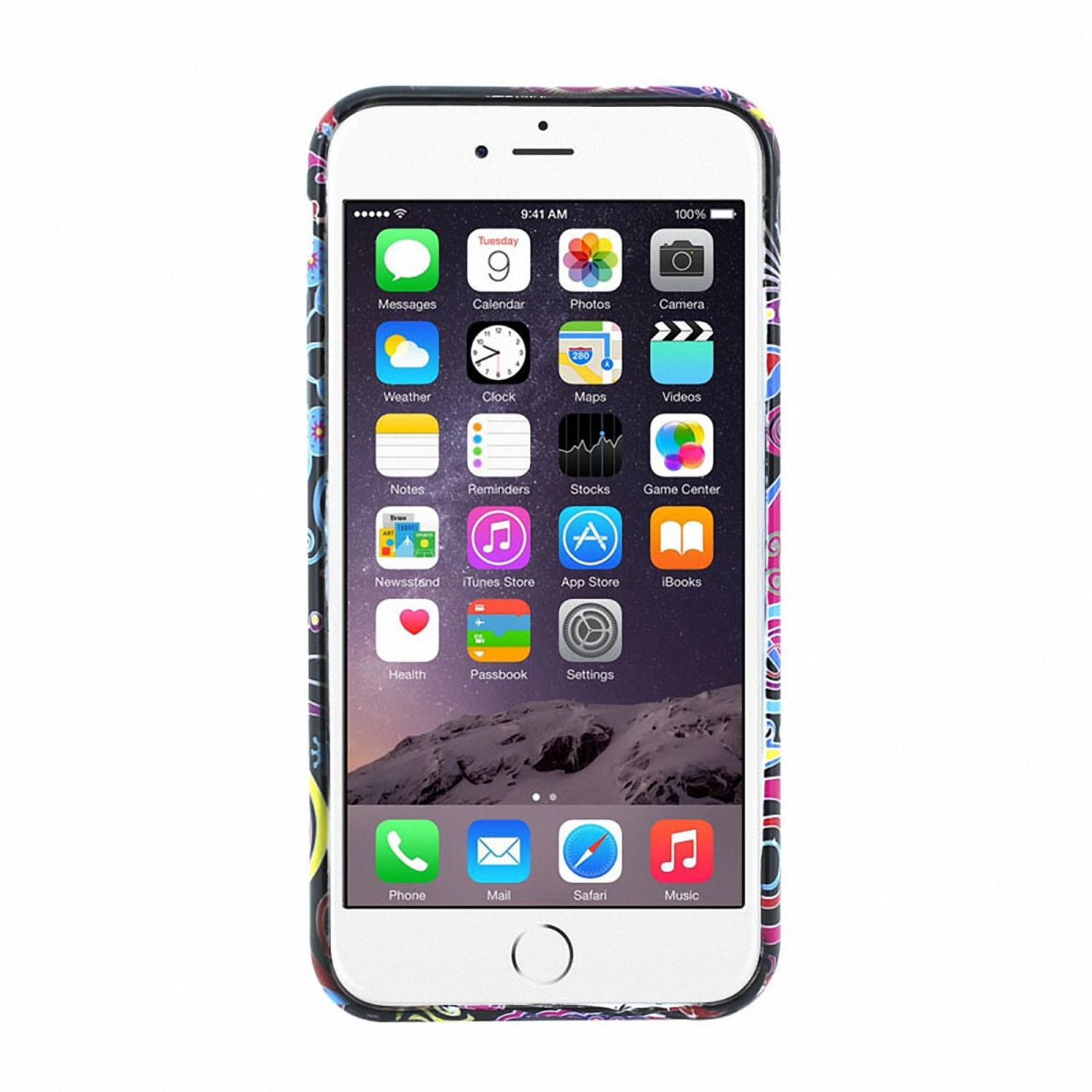 iPhone in Hülle. Die Hülle ist schwarz mit bunten Wirbeln. Der Bildschirm zeigt App-Symbole.