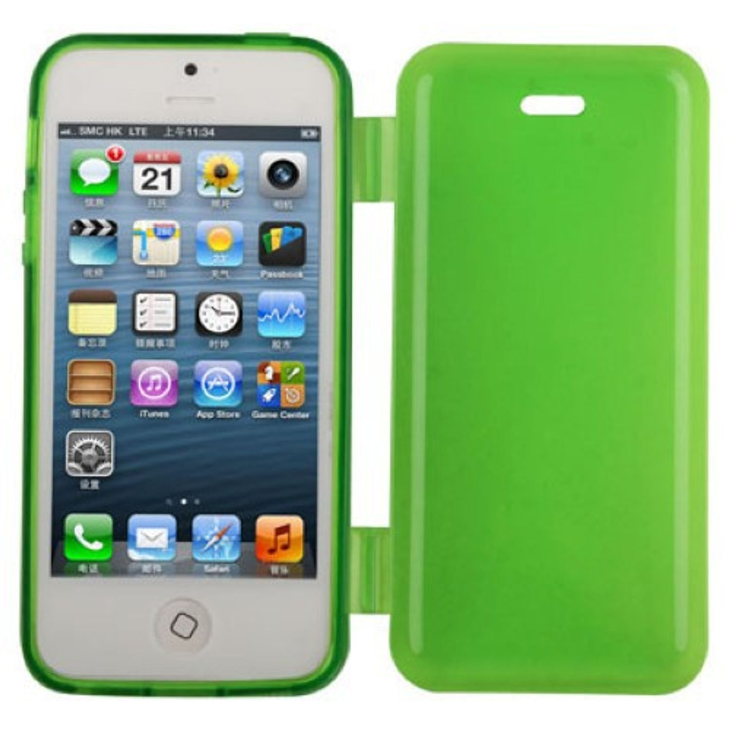 Ein iPod Touch in einem grünen Gehäuse, wobei der Bildschirm sichtbar ist. Das Gehäuse ist offen.