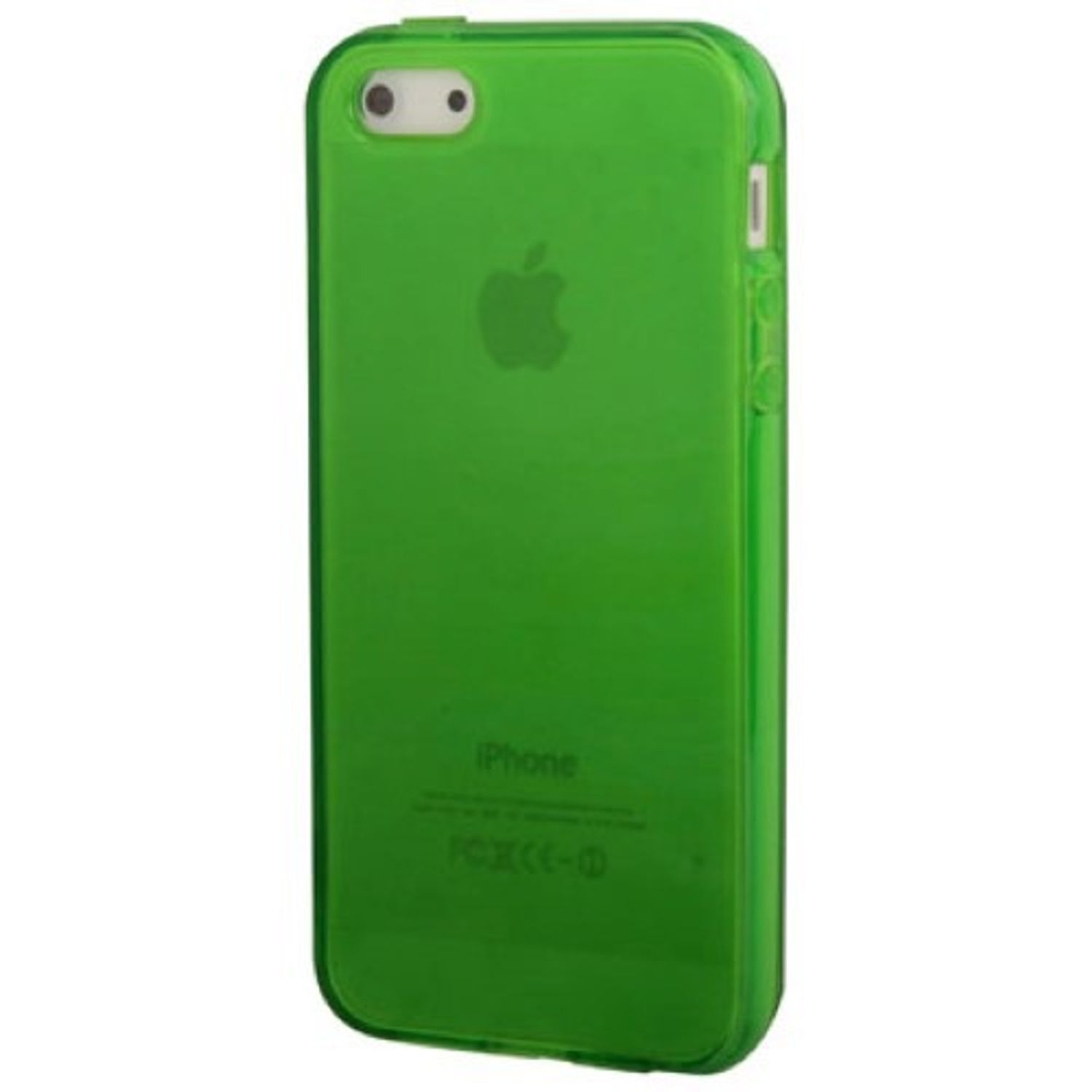 Grüne iPhone-Hülle mit durchscheinender Rückseite, Apple-Logo und weißem Rahmen.