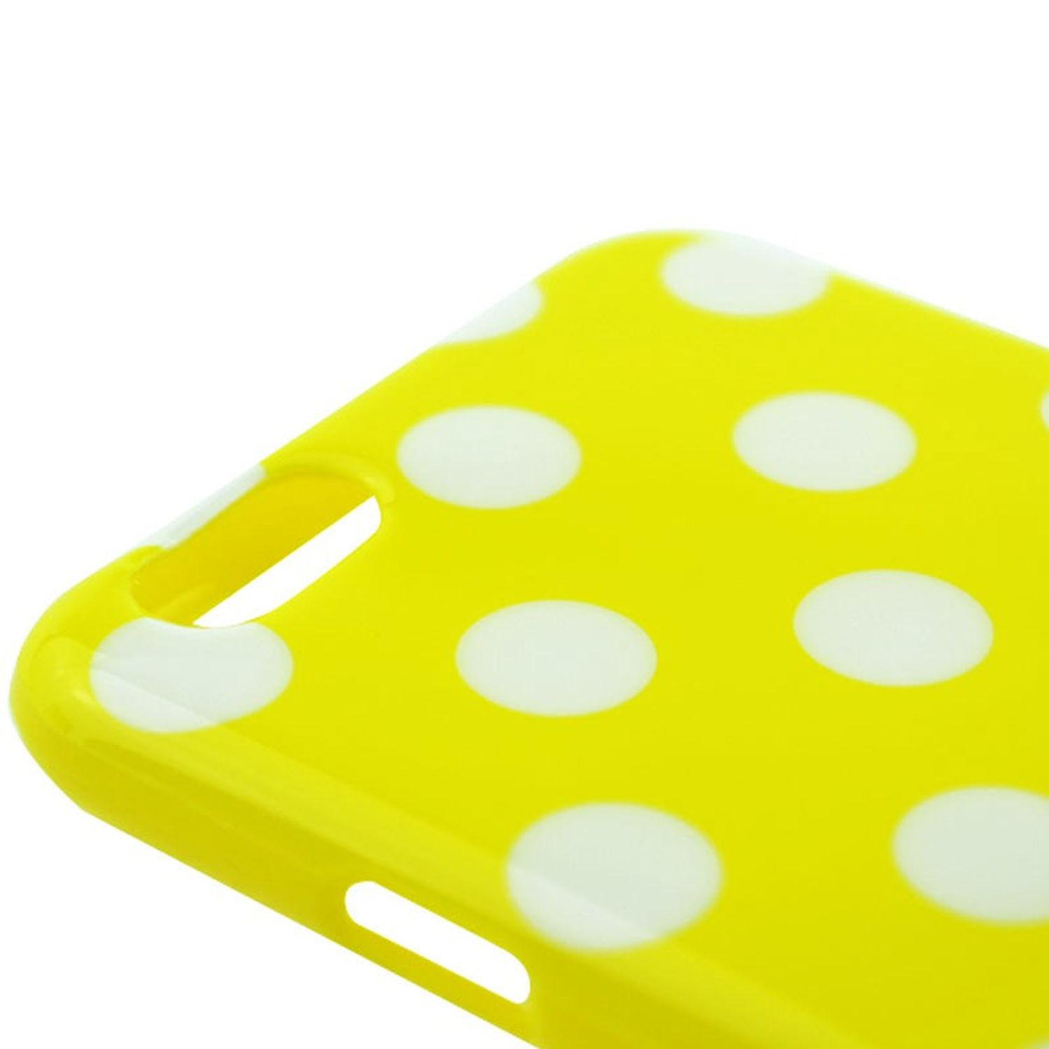 Eine gelbe Handyhülle mit weißen Polka Dots.