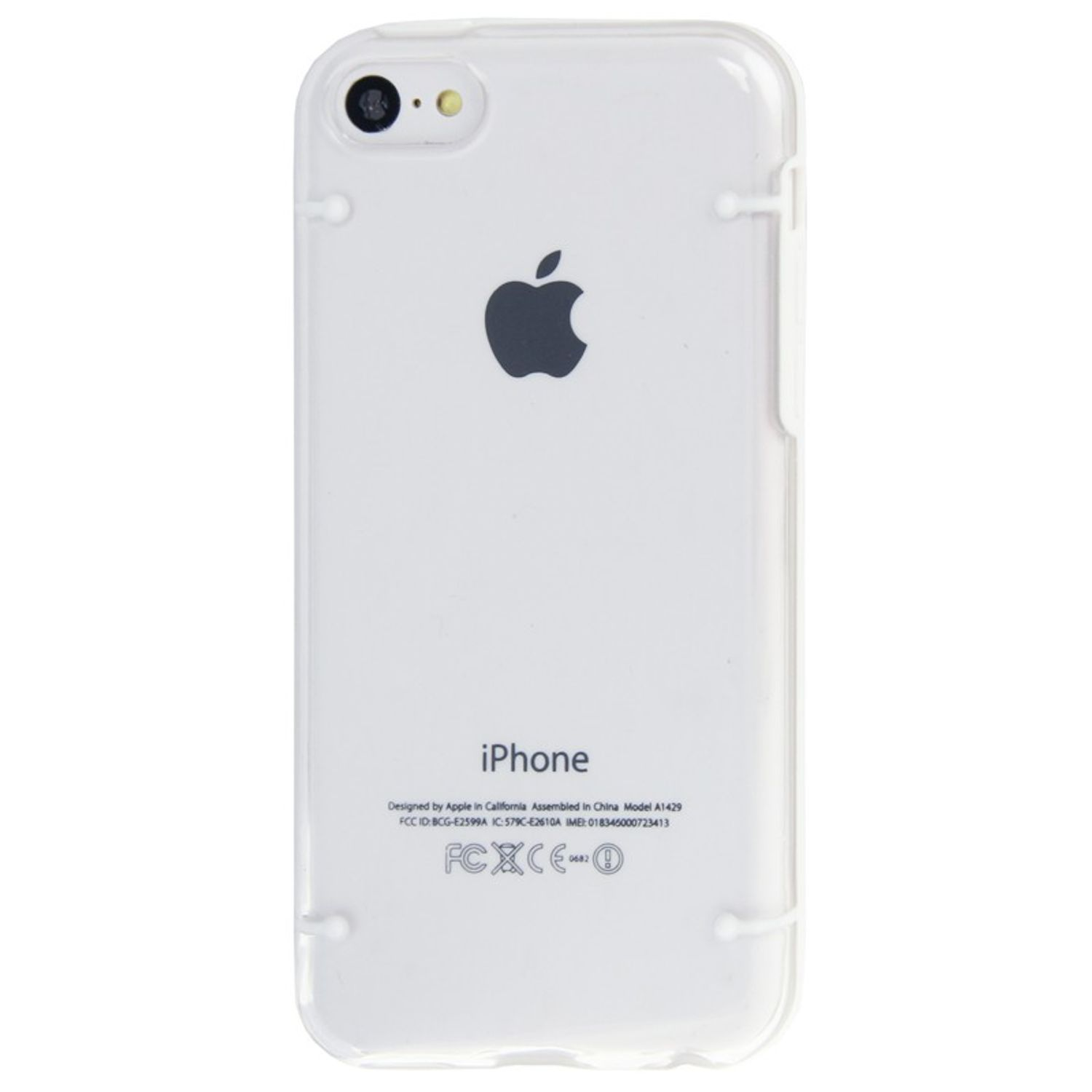 Weiße iPhone-Rückseite mit Apple-Logo und Text. Klare Hülle. Weißer Hintergrund.