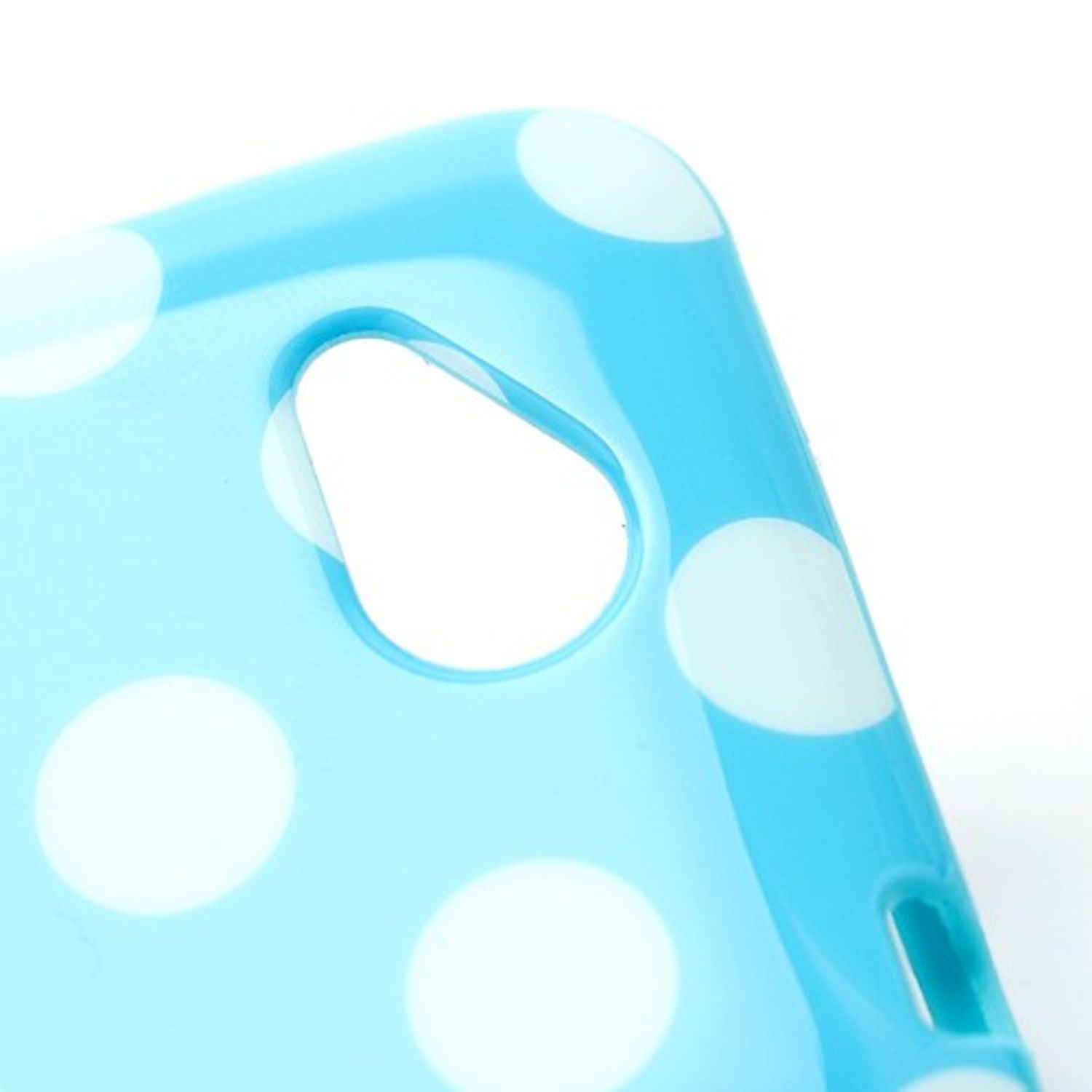 Blaue Handyhülle mit weißen Tupfen. Die Hülle ist glänzend und der Ausschnitt ist sichtbar.