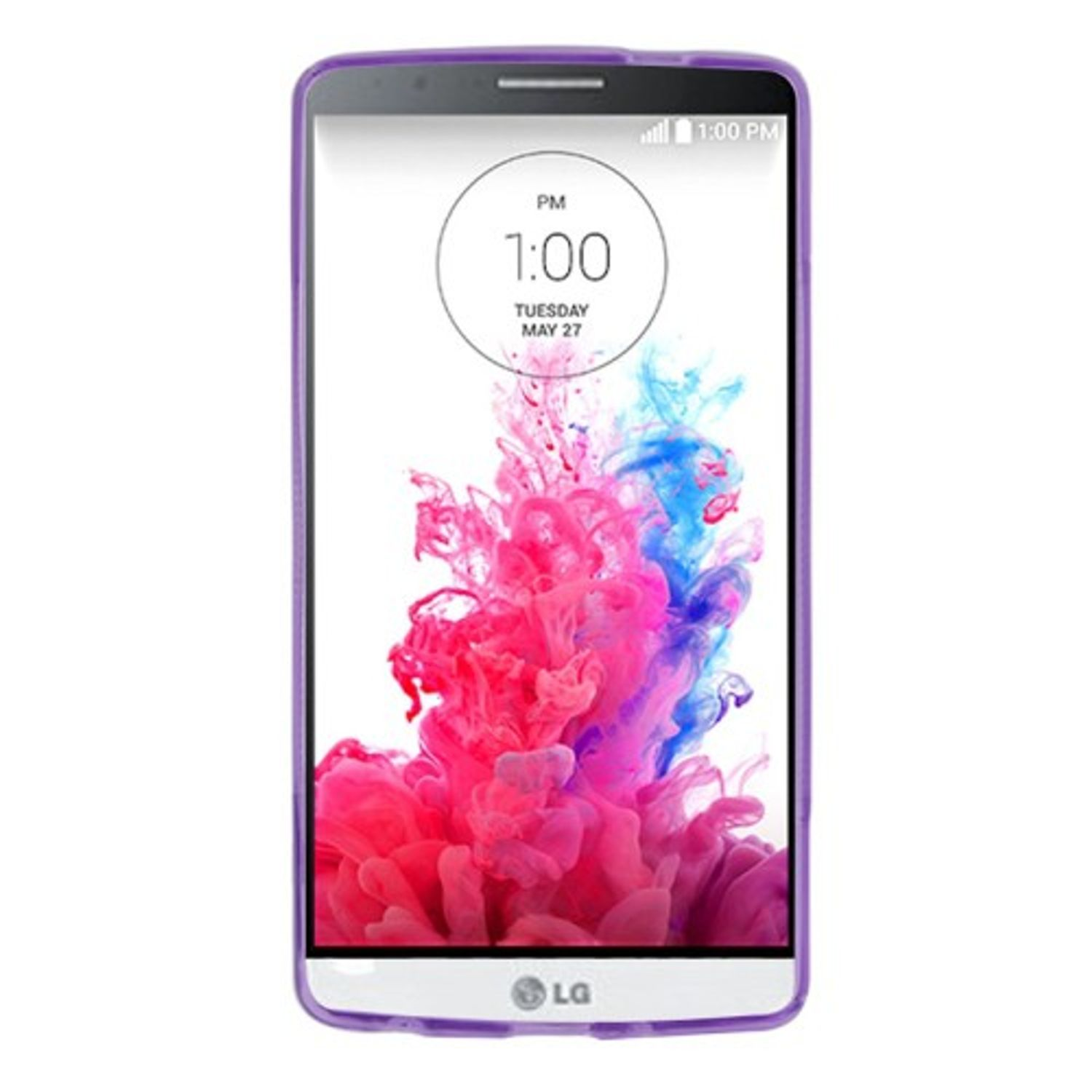 Eine lila Handyhülle bedeckt ein Telefon, das eine Uhr anzeigt. Das Telefon hat einen lila Rand.