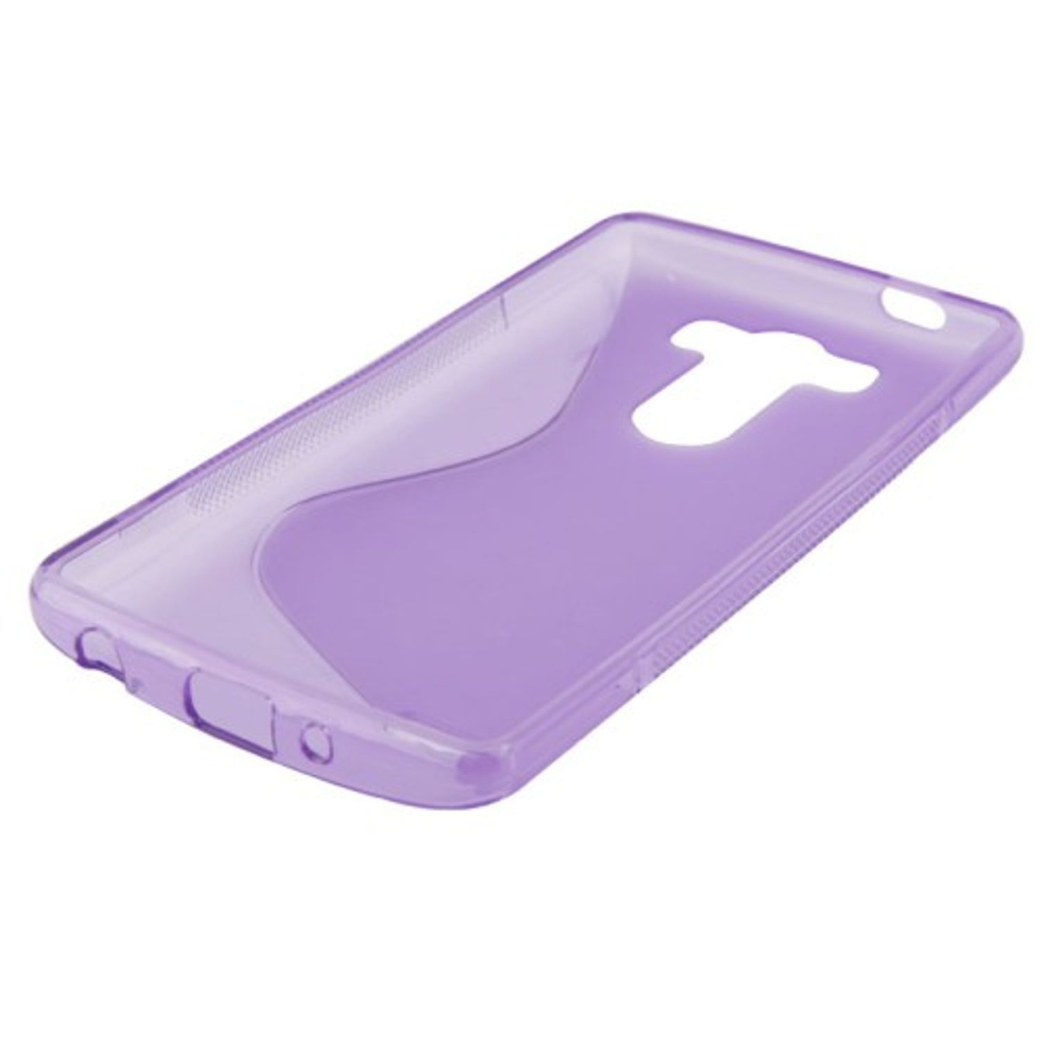 Lila transparente Handyhülle. Zeigt die Kamera und die Power-Tasten des Telefons.