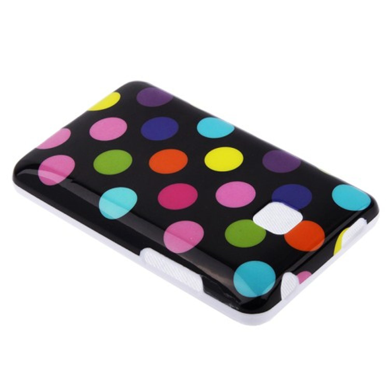 Schwarze Handyhülle mit bunten Polka-Dots.