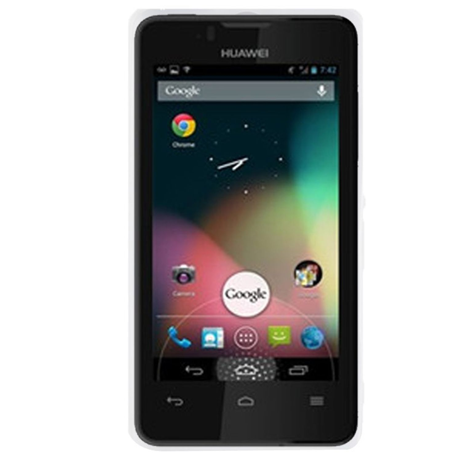 Schwarzes Huawei-Telefon mit Google-Logo auf dem Bildschirm vor weißem Hintergrund.