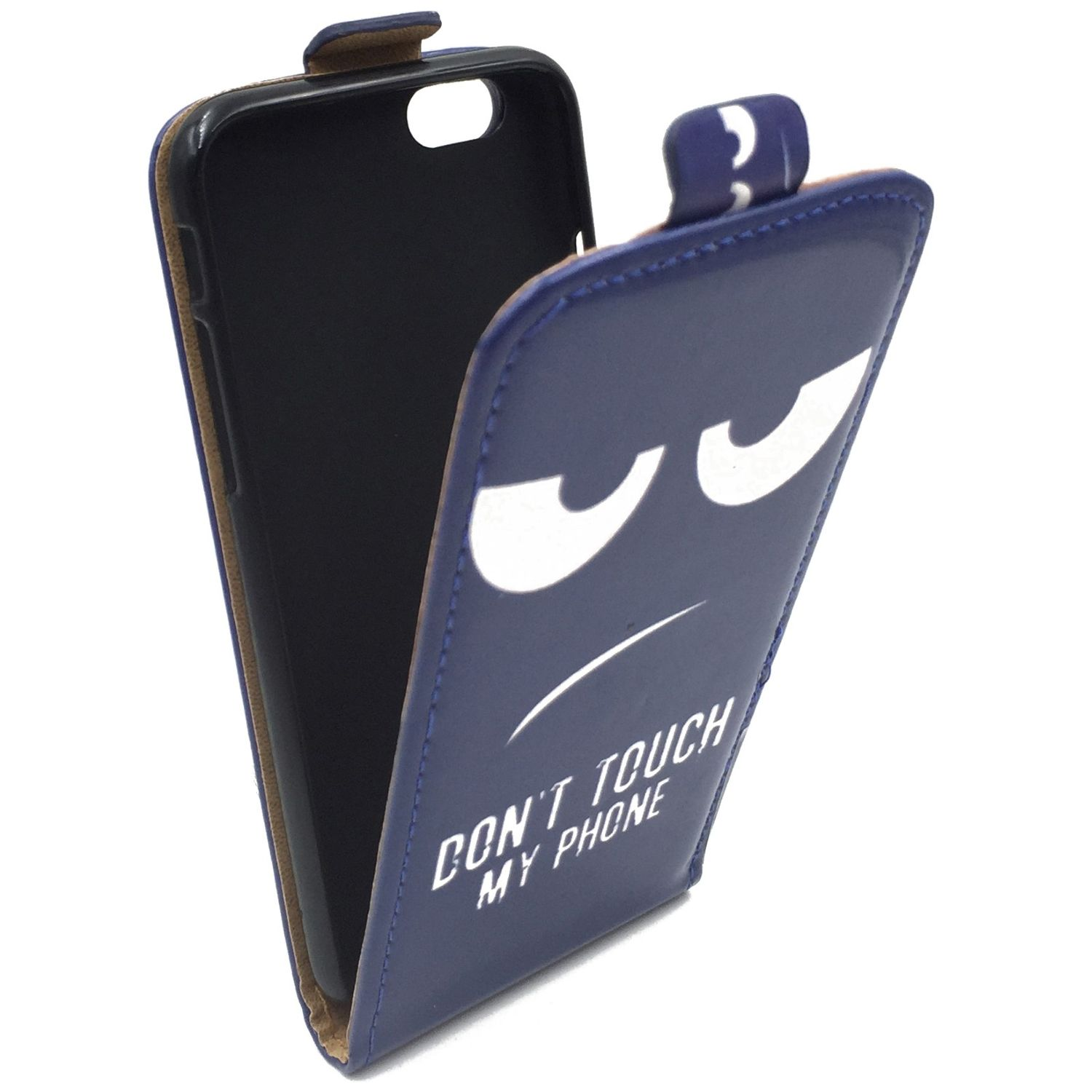 Eine blaue Handyhülle mit dem Text 'DON'T TOUCH MY PHONE' und einem wütenden Gesicht.