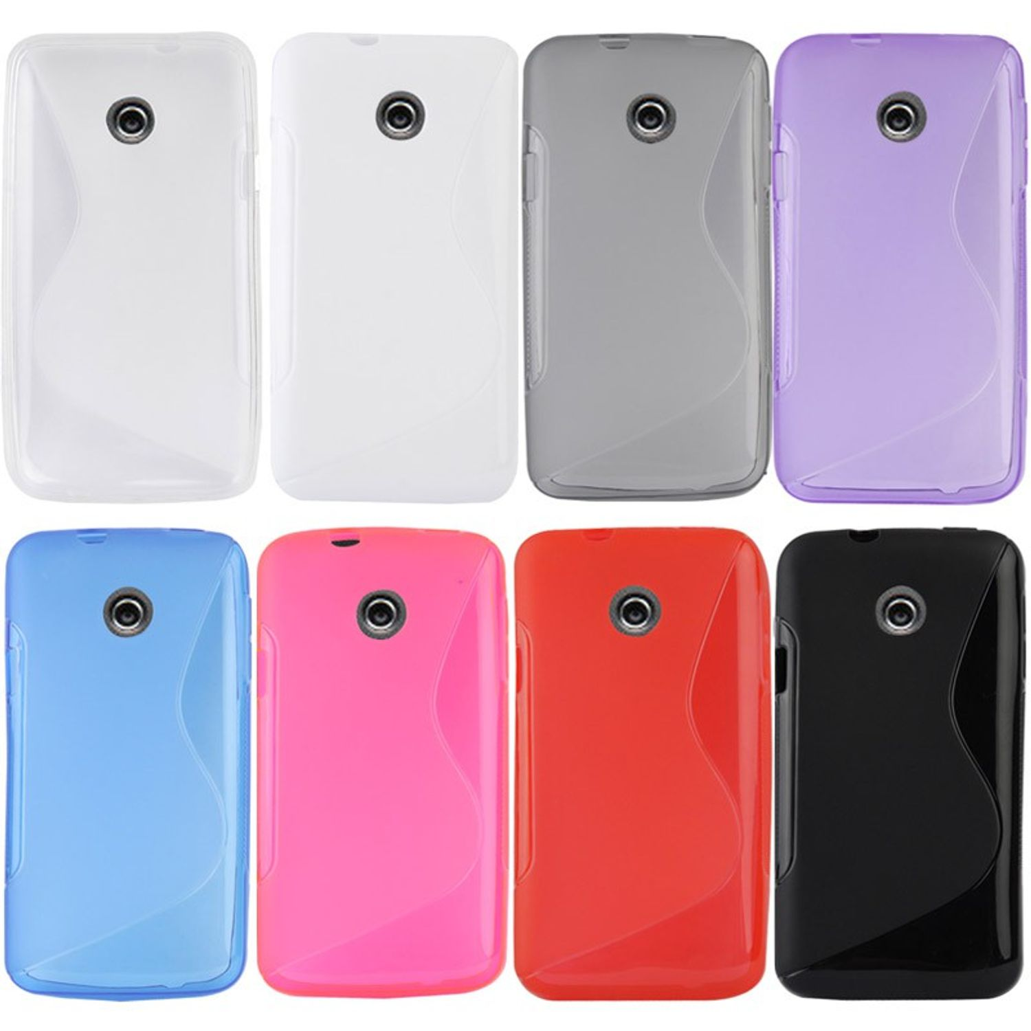 Ein Set von acht bunten Handyhüllen in verschiedenen Farben: Weiß, Klar, Grau, Lila, Blau, Rosa, Rot und Schwarz.