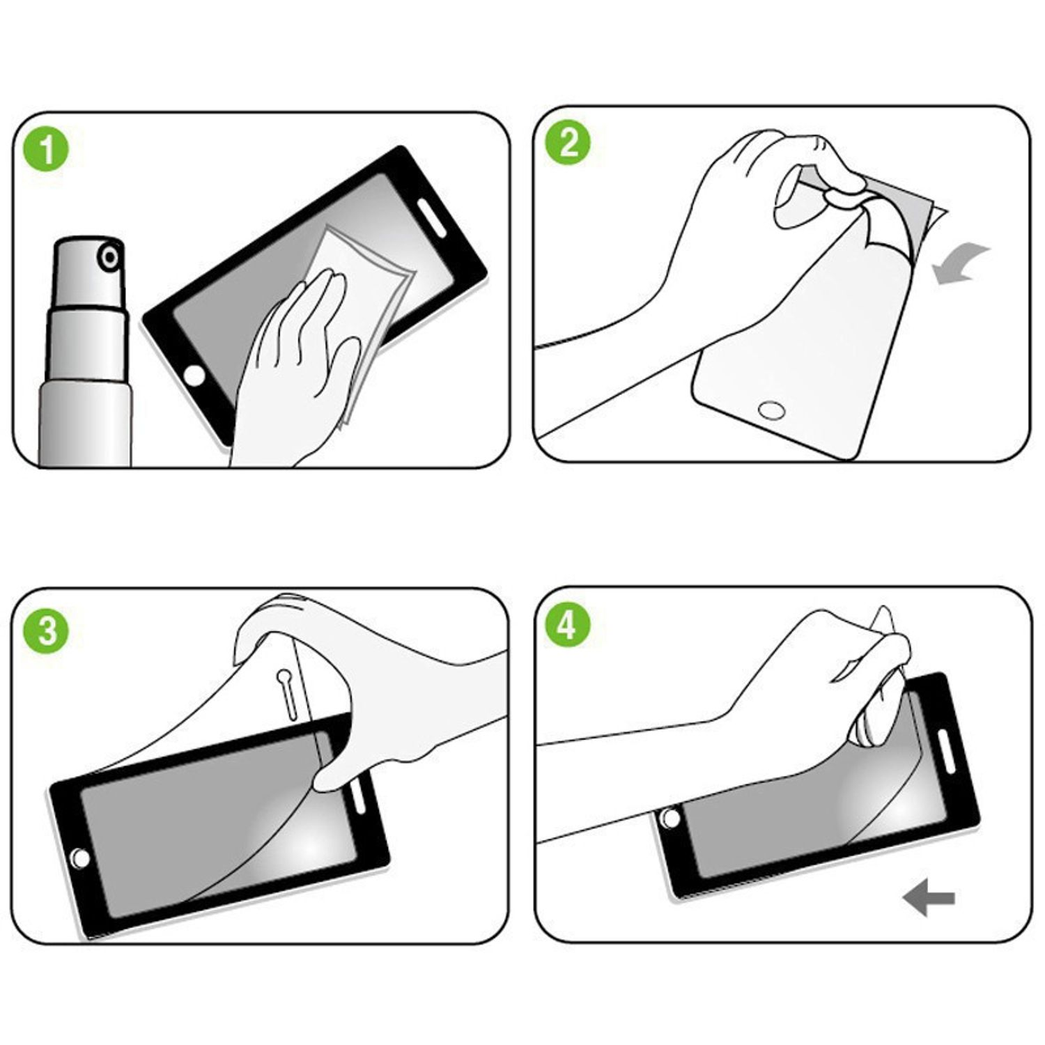 Vierteilige Illustration einer Tablet-Displayschutzfolienanwendung. Schritte umfassen Reinigen, Abziehen, Ausrichten und Glätten.