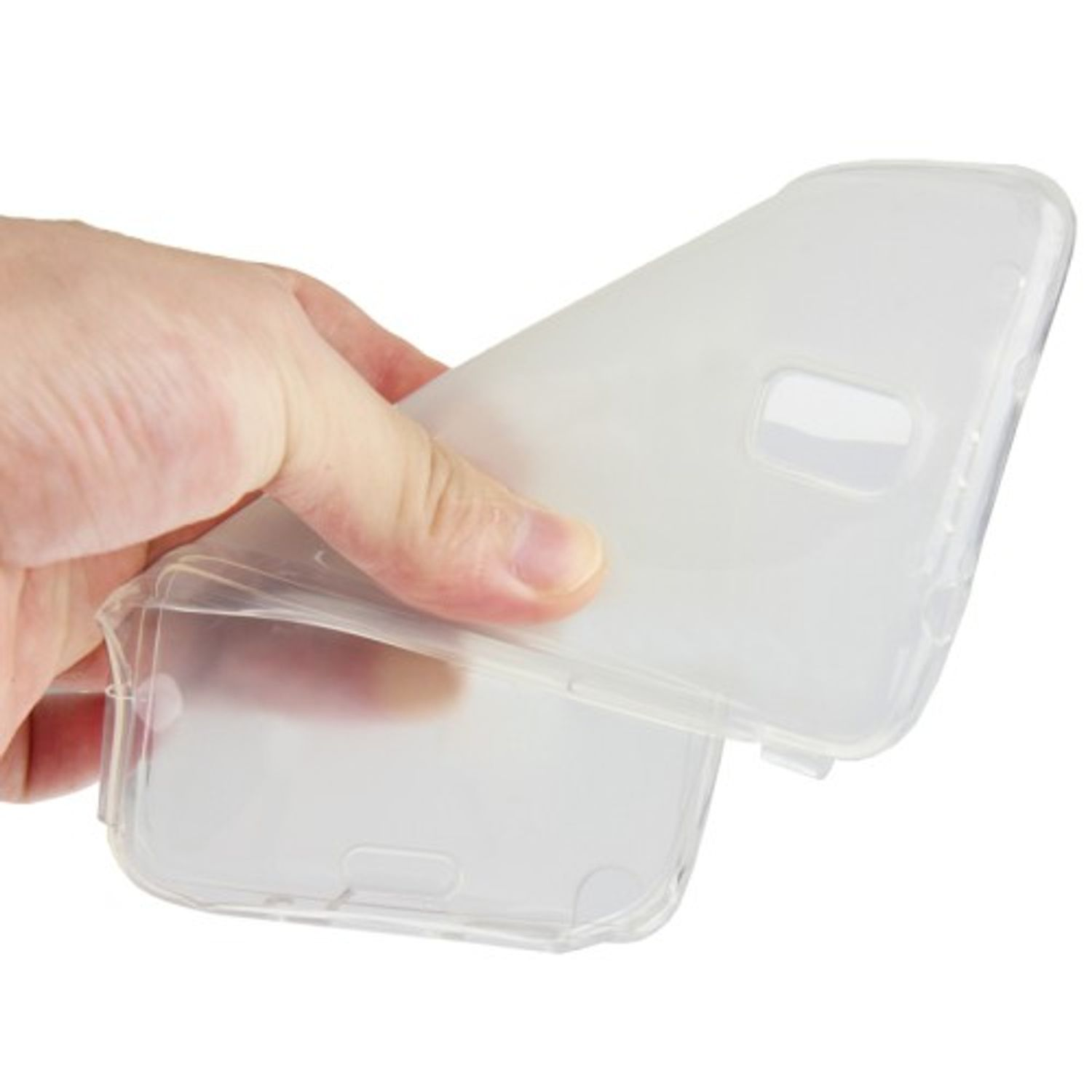 Hand hält transparente Handyhülle und Deckel, weißer Hintergrund.
