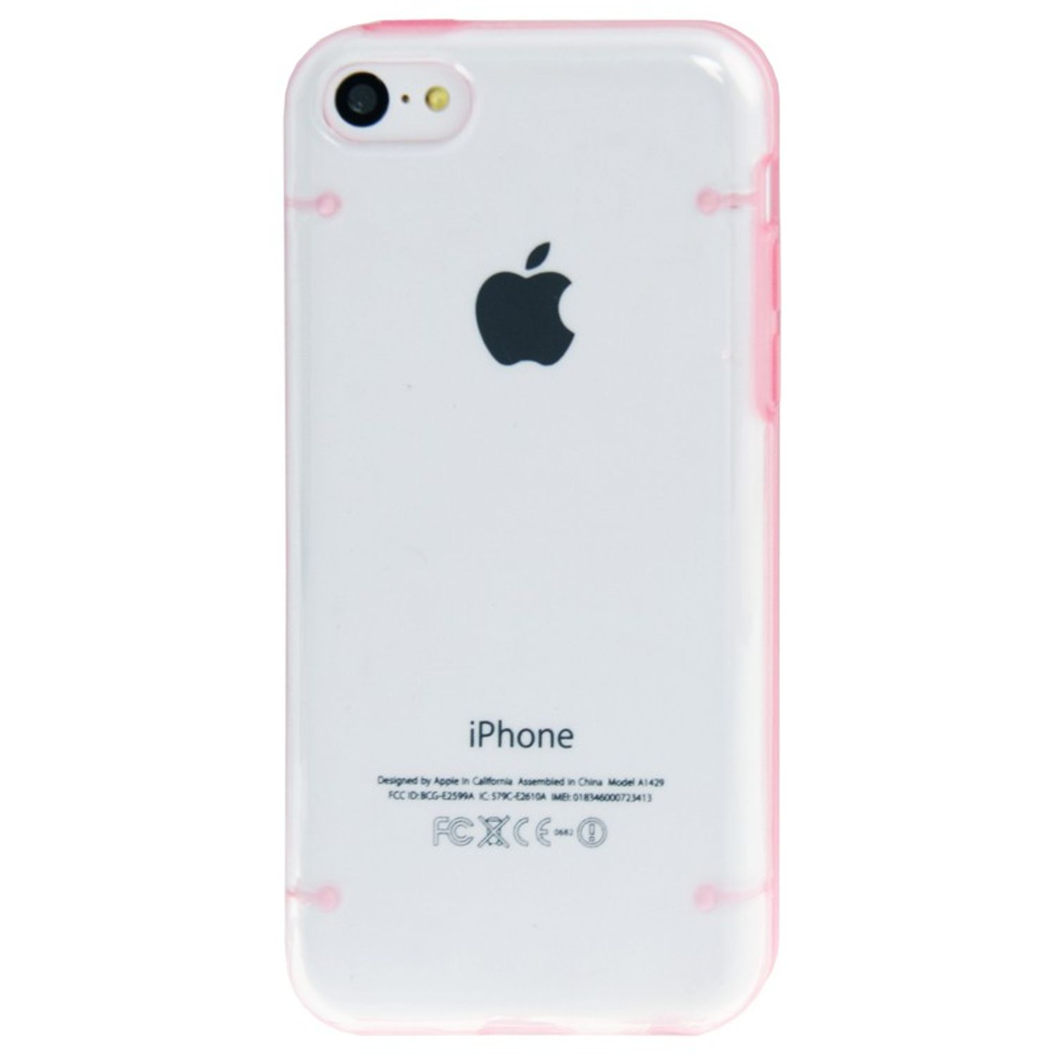Weißes iPhone mit pinkfarbenem Rahmen, Apple-Logo sichtbar.