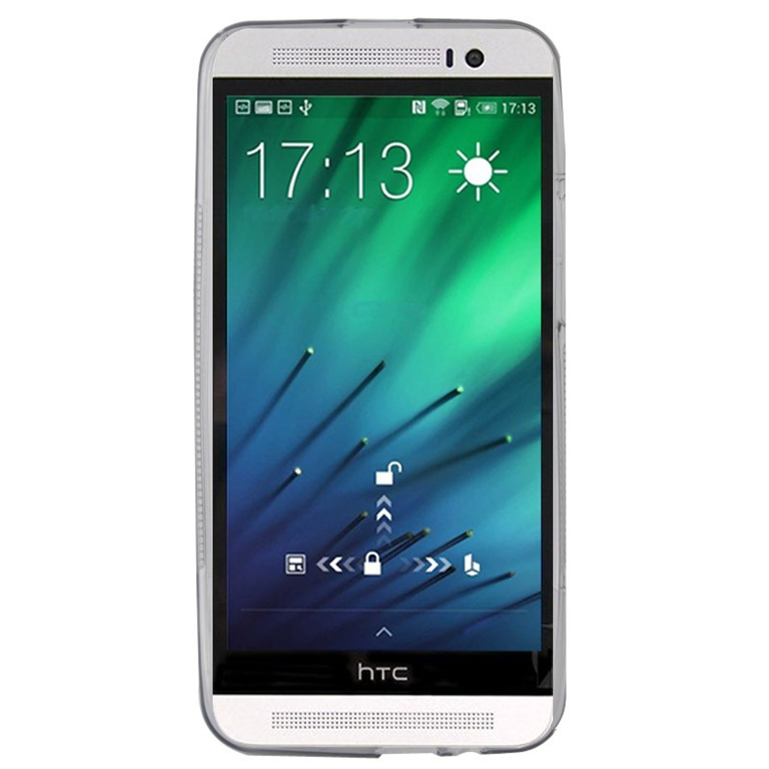 Weißes Telefon mit klarer Hülle, zeigt die Uhrzeit und einen Sperrbildschirm. Weißer Hintergrund.