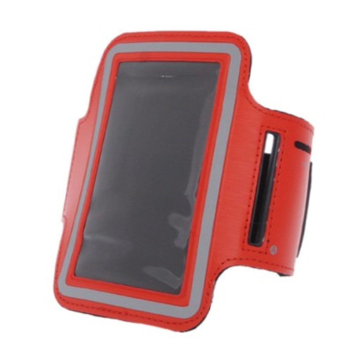 Rotes Armband für ein Telefon. Es hat reflektierende Zierleisten und einen schwarzen Bildschirm.
