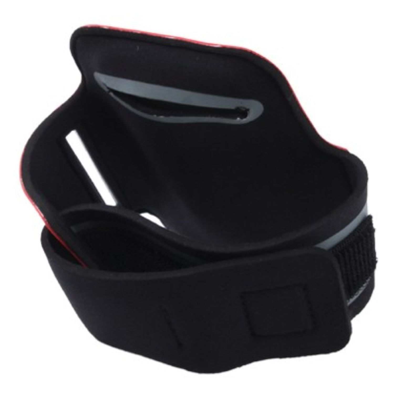 Schwarzes und rotes Telefon-Armband. Es ist für das Tragen am Arm konzipiert.