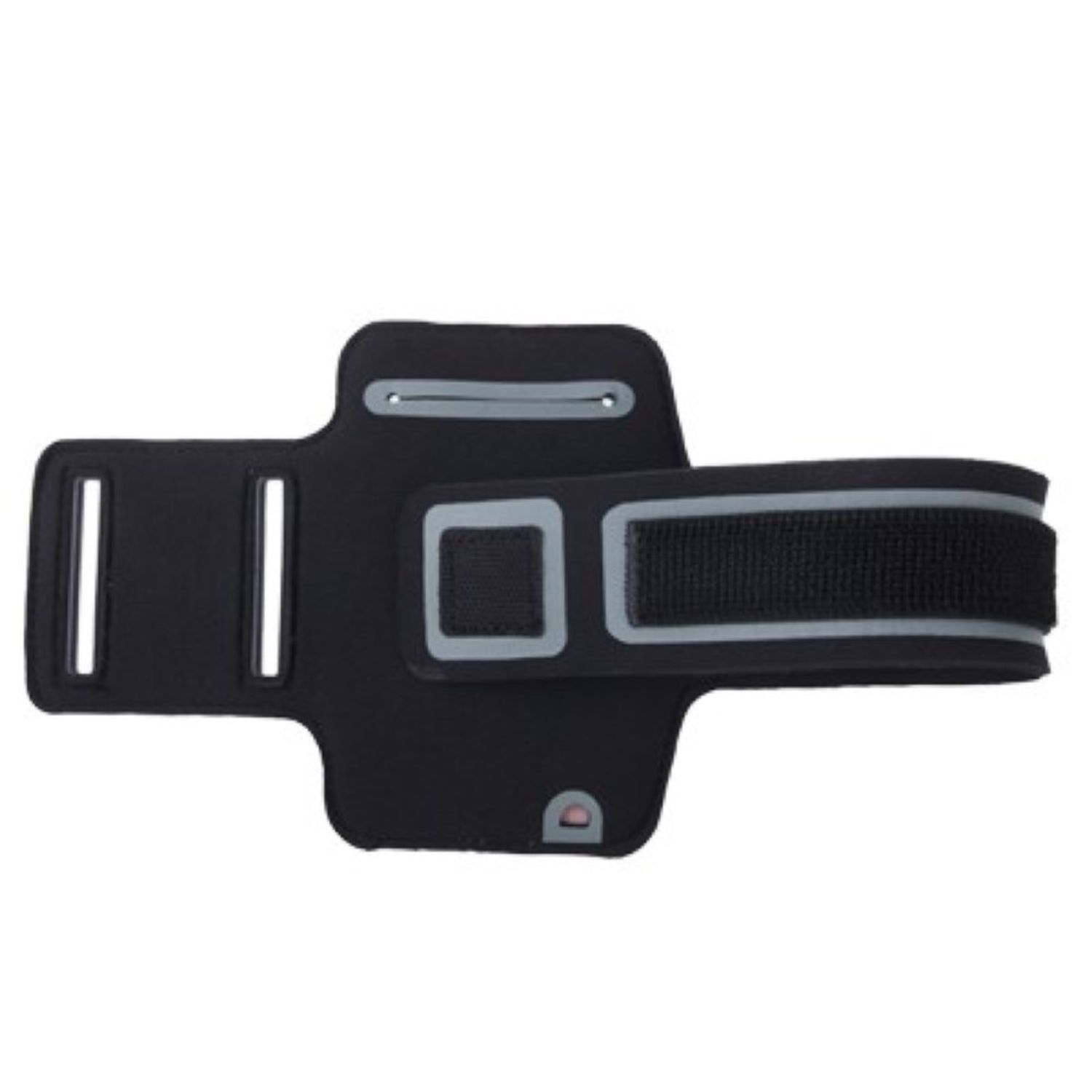 Schwarzes und graues Armband für das Telefon. Klettverschluss, graue Akzente. Weißer Hintergrund.