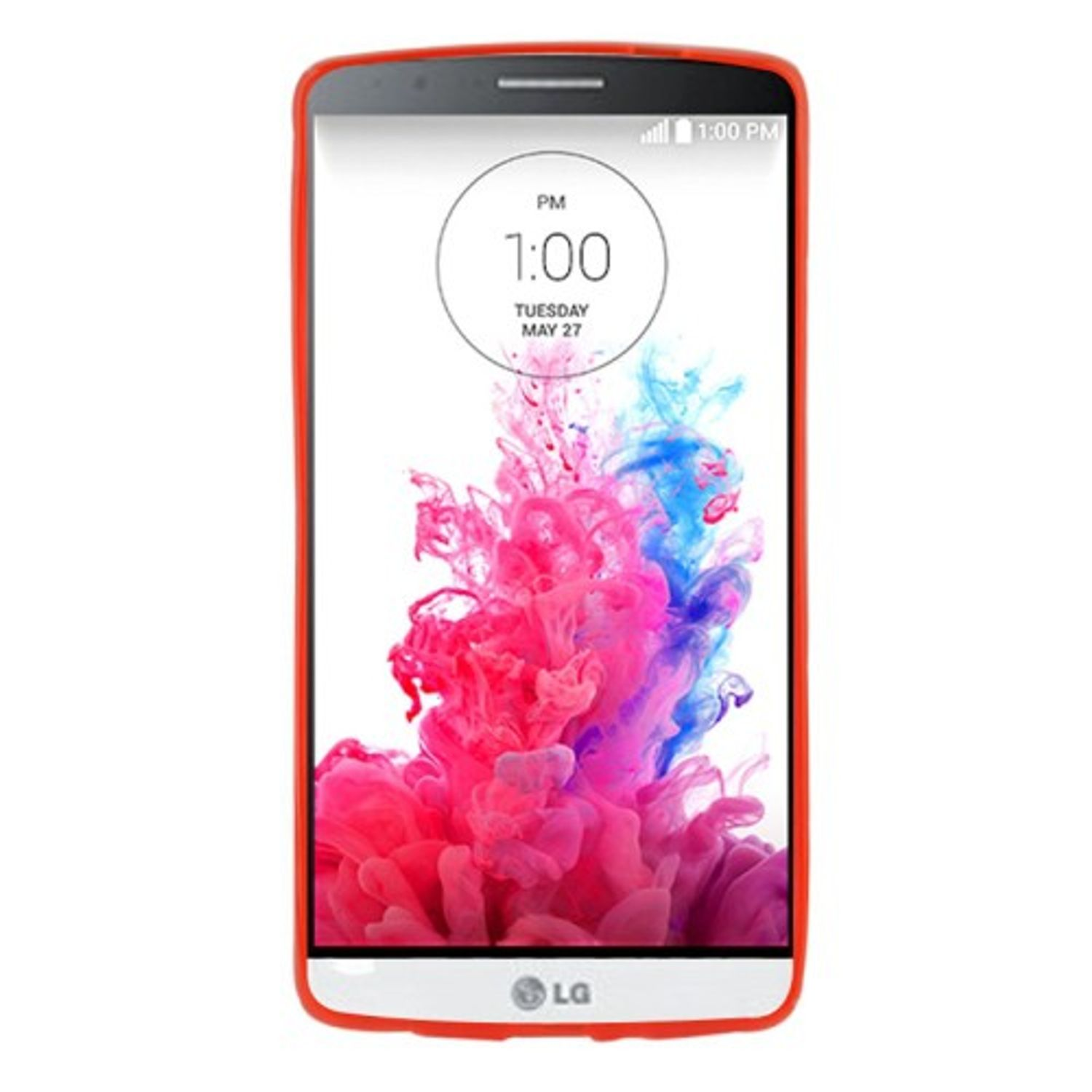 Ein Telefon mit roter Hülle, das ein abstraktes, farbenfrohes Spritzdesign zeigt.