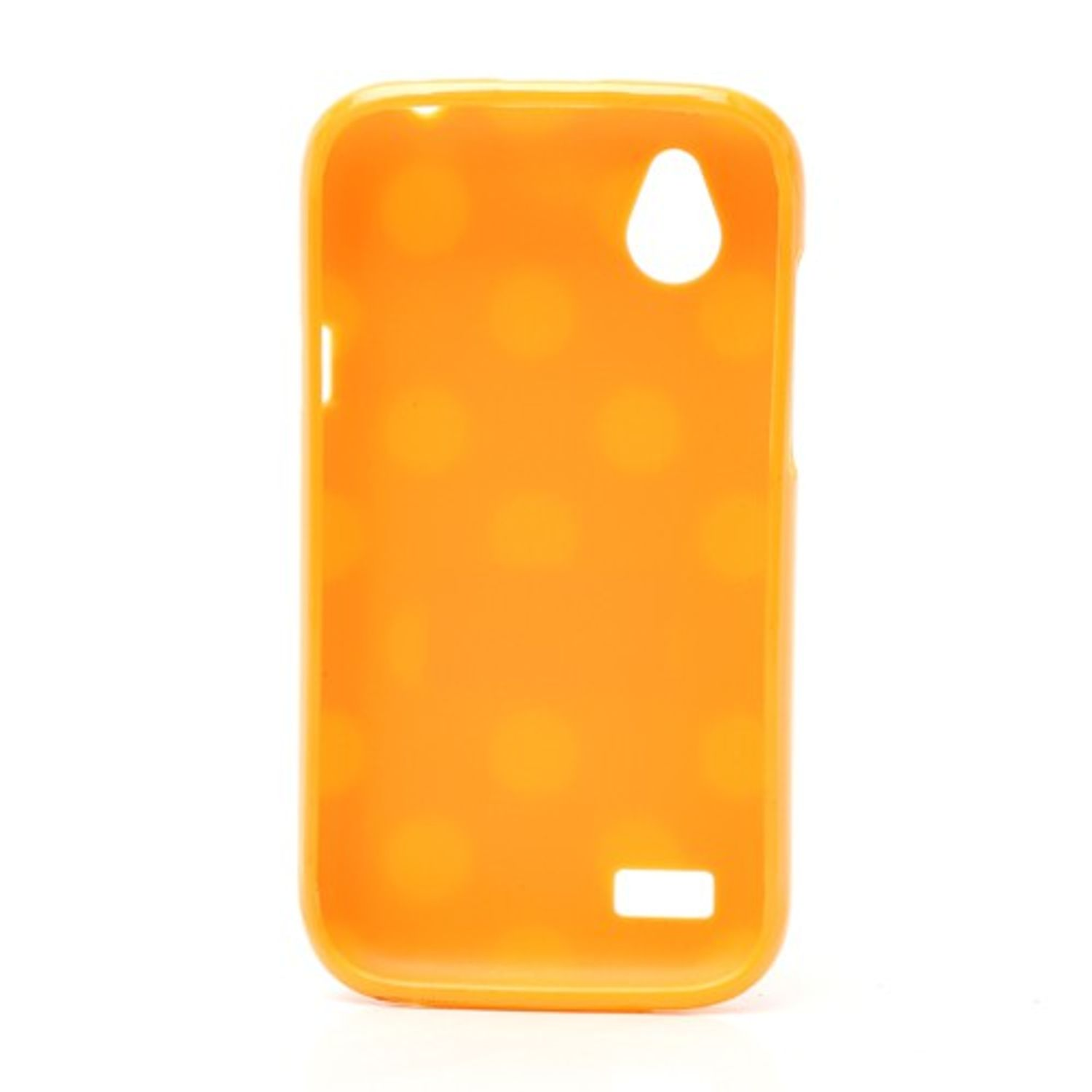 Eine orangefarbene Handyhülle mit gelben Polka-Dots und Aussparungen für Kamera und andere Funktionen.