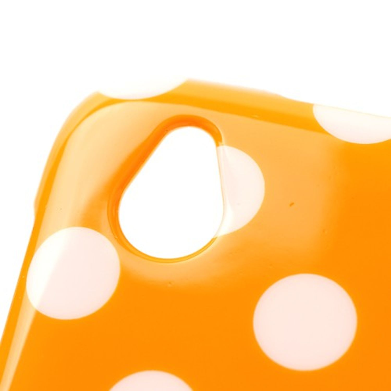 Orange Handyhülle mit weißen Punkten. Ausschnitt für Kamera.